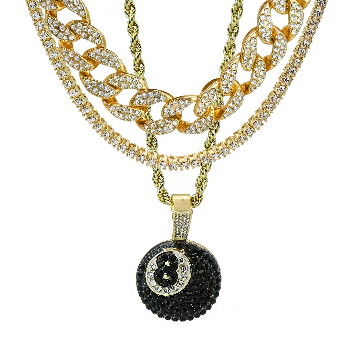 #8 Ball 4 Pcs Set Clear Cz Cuban, Tennis & Rope Chain Bundle Gold PT