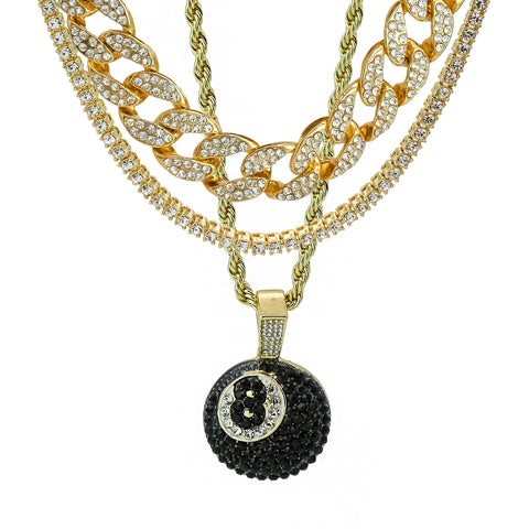 #8 Ball 4 Pcs Set Clear Cz Cuban, Tennis & Rope Chain Bundle Gold PT