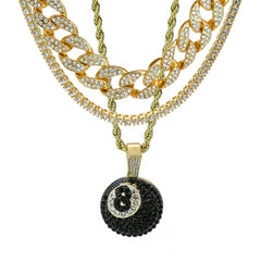 #8 Ball 4 Pcs Set Clear Cz Cuban, Tennis & Rope Chain Bundle Gold PT