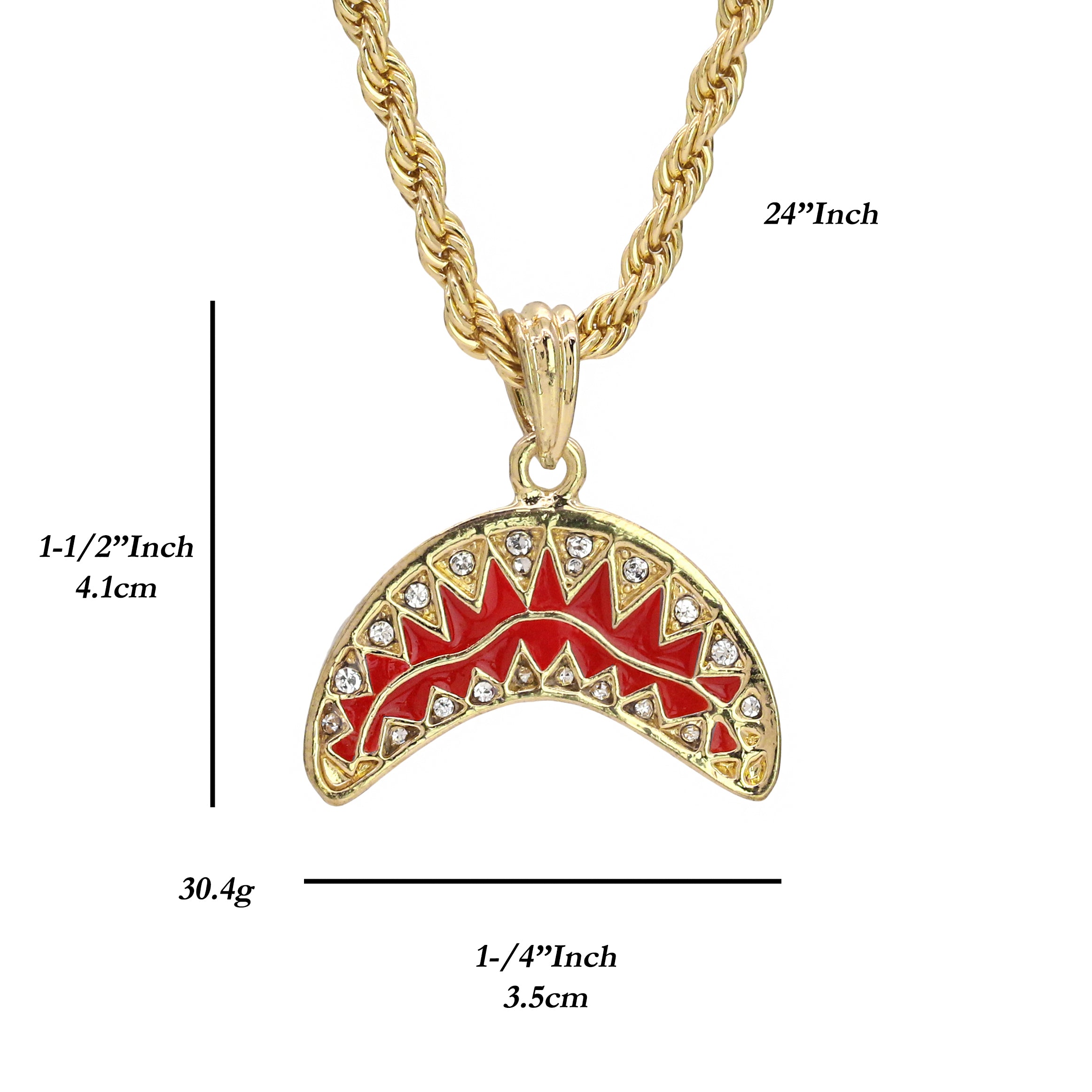 Shark Teeth Pendant 18K 24" Rope Chain Hip Hop Jewelry