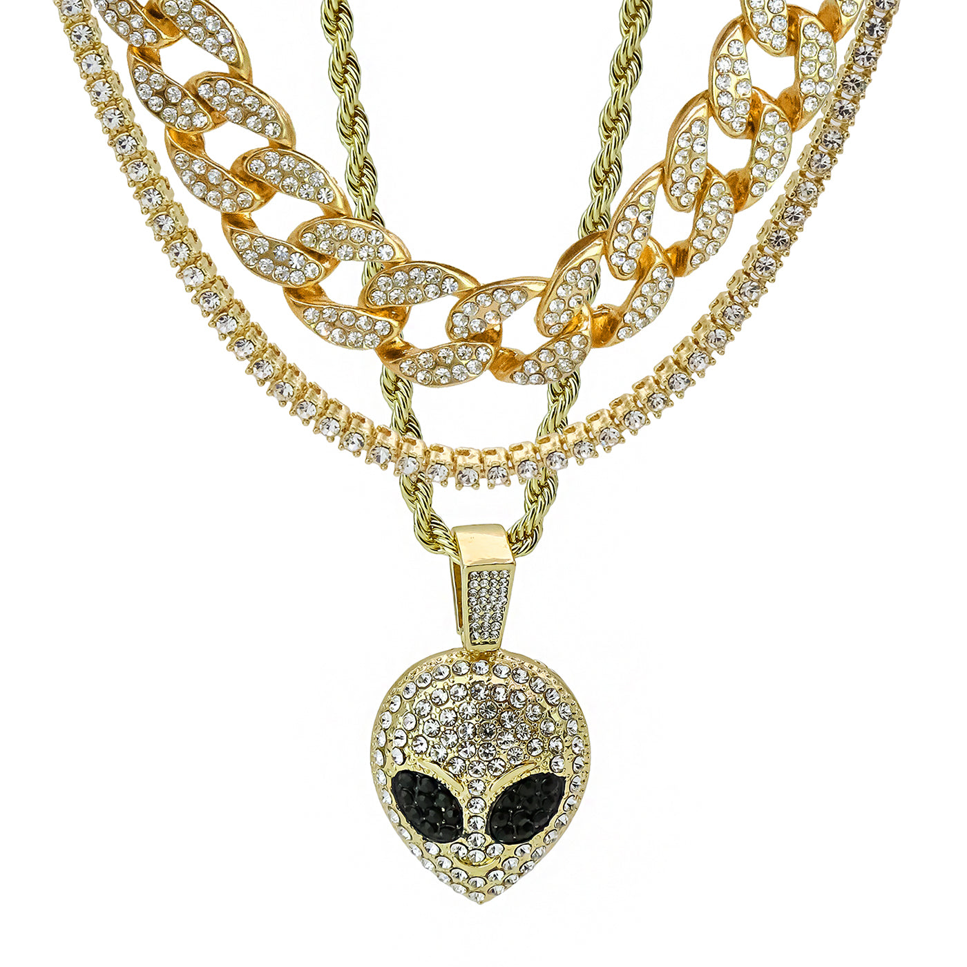 Alien Head 4 Pcs Set Clear Cz Cuban, Tennis & Rope Chain Bundle Gold PT