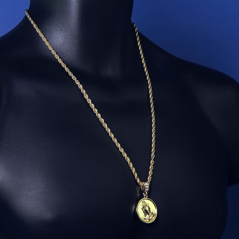 Men's 14k Gold Plated Prayer Hands Medallion Pendant 4mm 24" Rope Chain Necklace