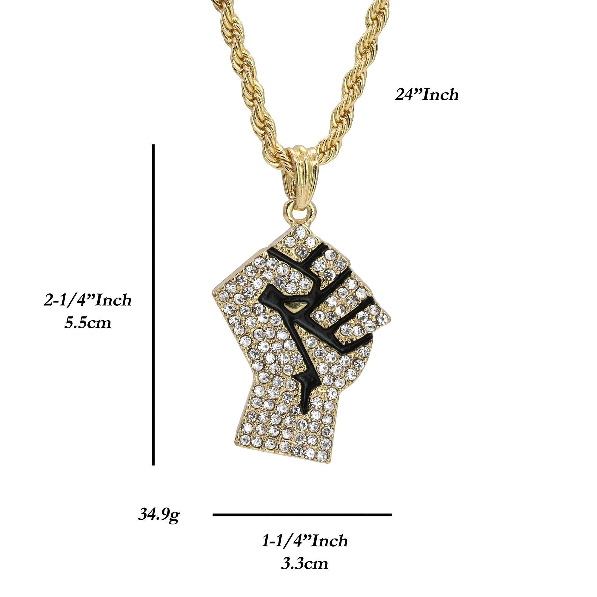 United Fist Pendant 18K 24" Rope Chain Hip Hop Jewelry