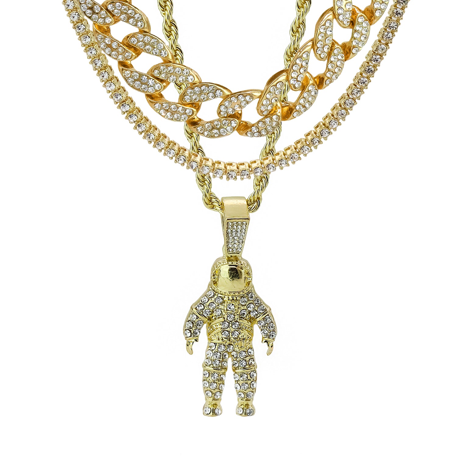 Space Man 4 Pcs Set Clear Cz Cuban, Tennis & Rope Chain Bundle Gold PT