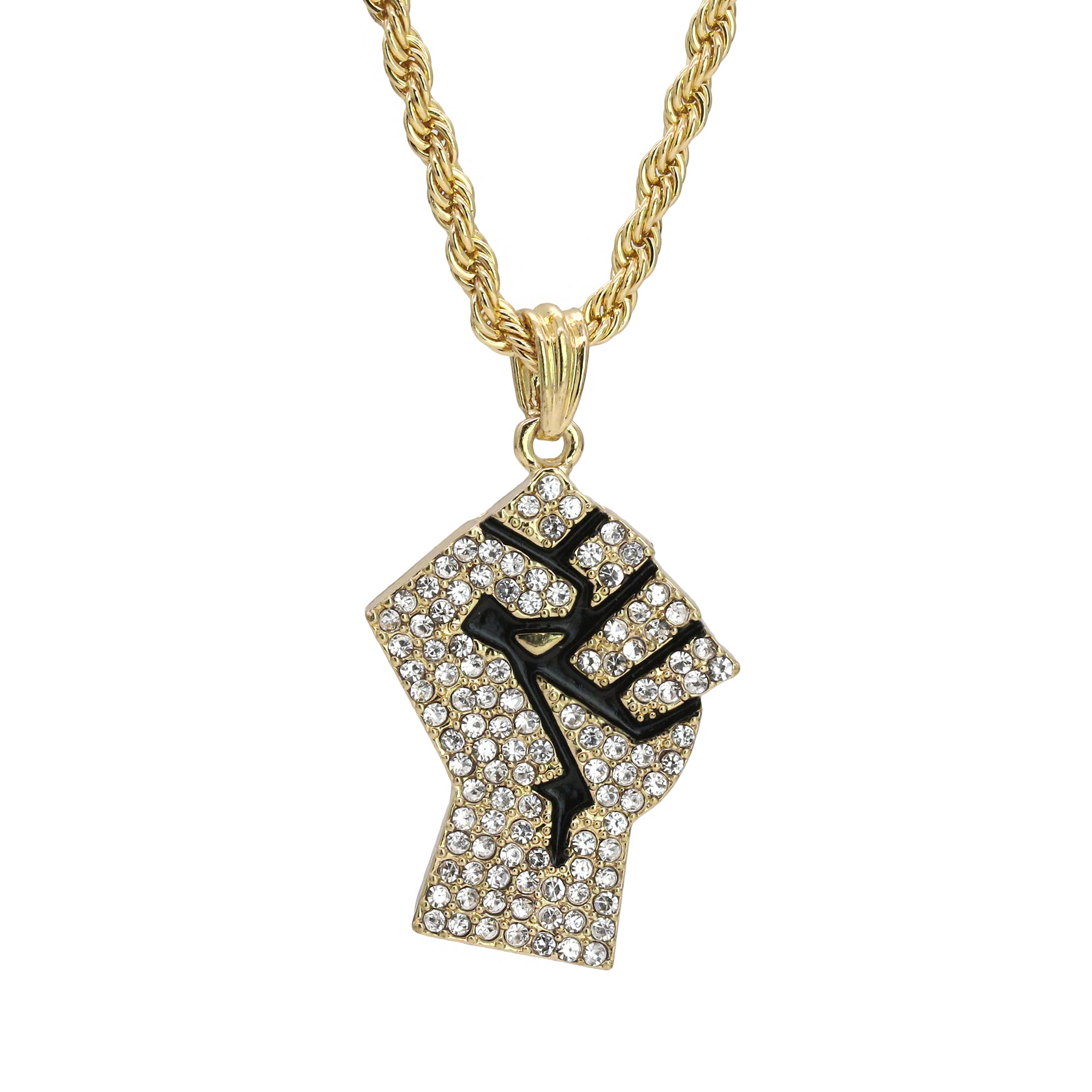 United Fist Pendant 18K 24" Rope Chain Hip Hop Jewelry