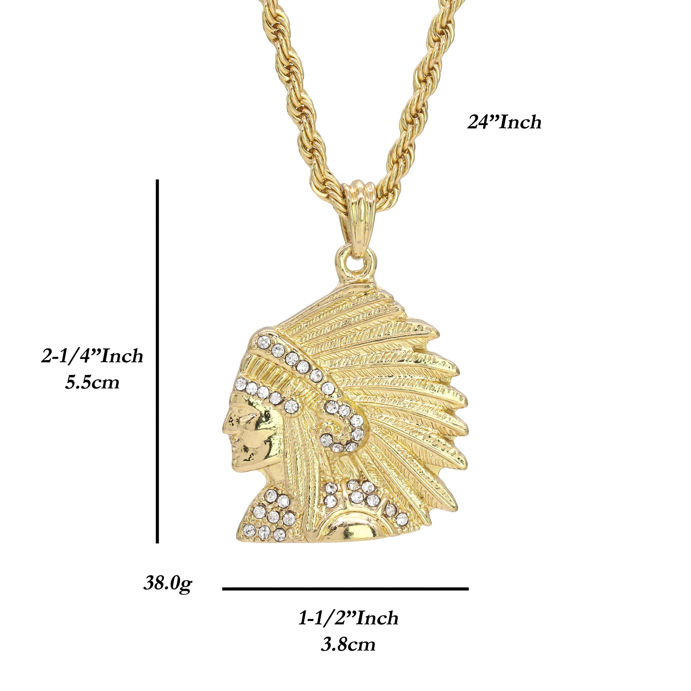 Chief Indian Head Pendant 24" Rope Chain Hip Hop Style 18k Gold Plated Necklace