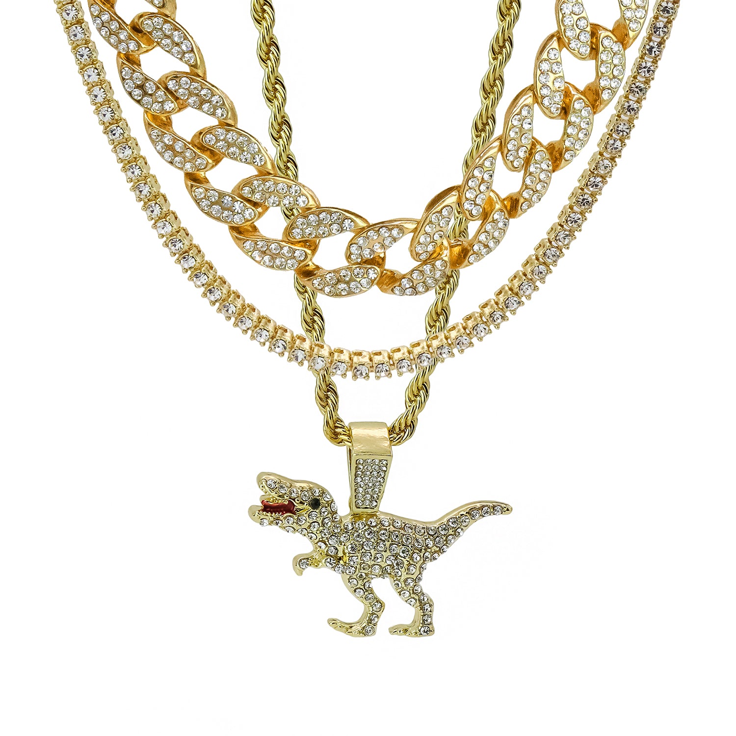 Dinosaur T-Rex 4 Pcs Set Clear Cz Cuban, Tennis & Rope Chain Bundle Gold PT