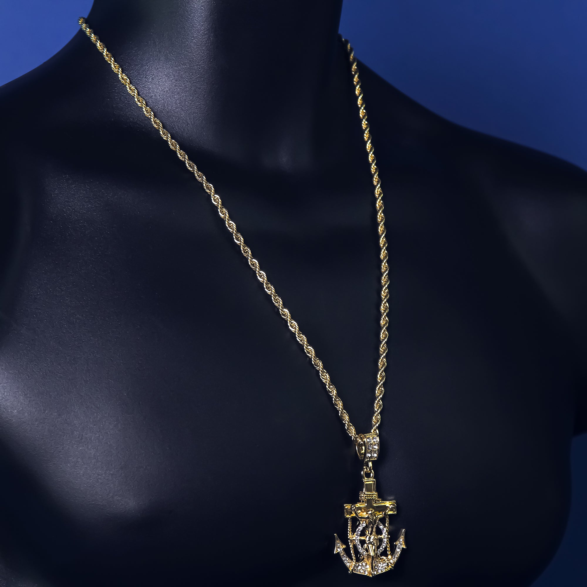 Men's 14k Gold Plated Anchor Jesus Cross Pendant 4mm 24" Rope Chain Necklace