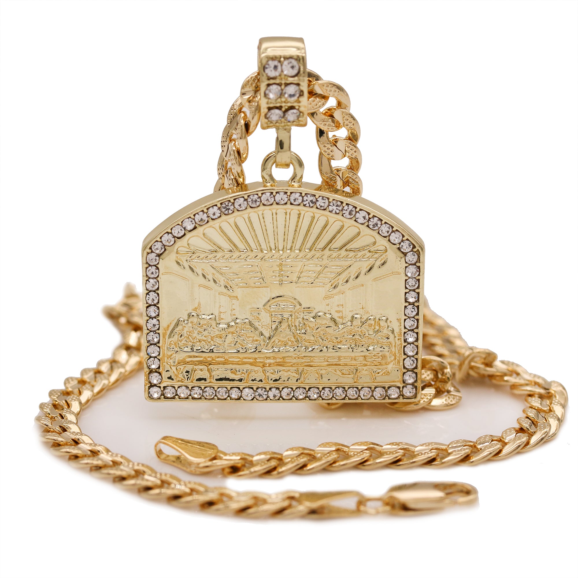 Men's 14k Gold Plated Religious Last Supper Pendant 6mm 24" Frost Cuban Chain Necklace