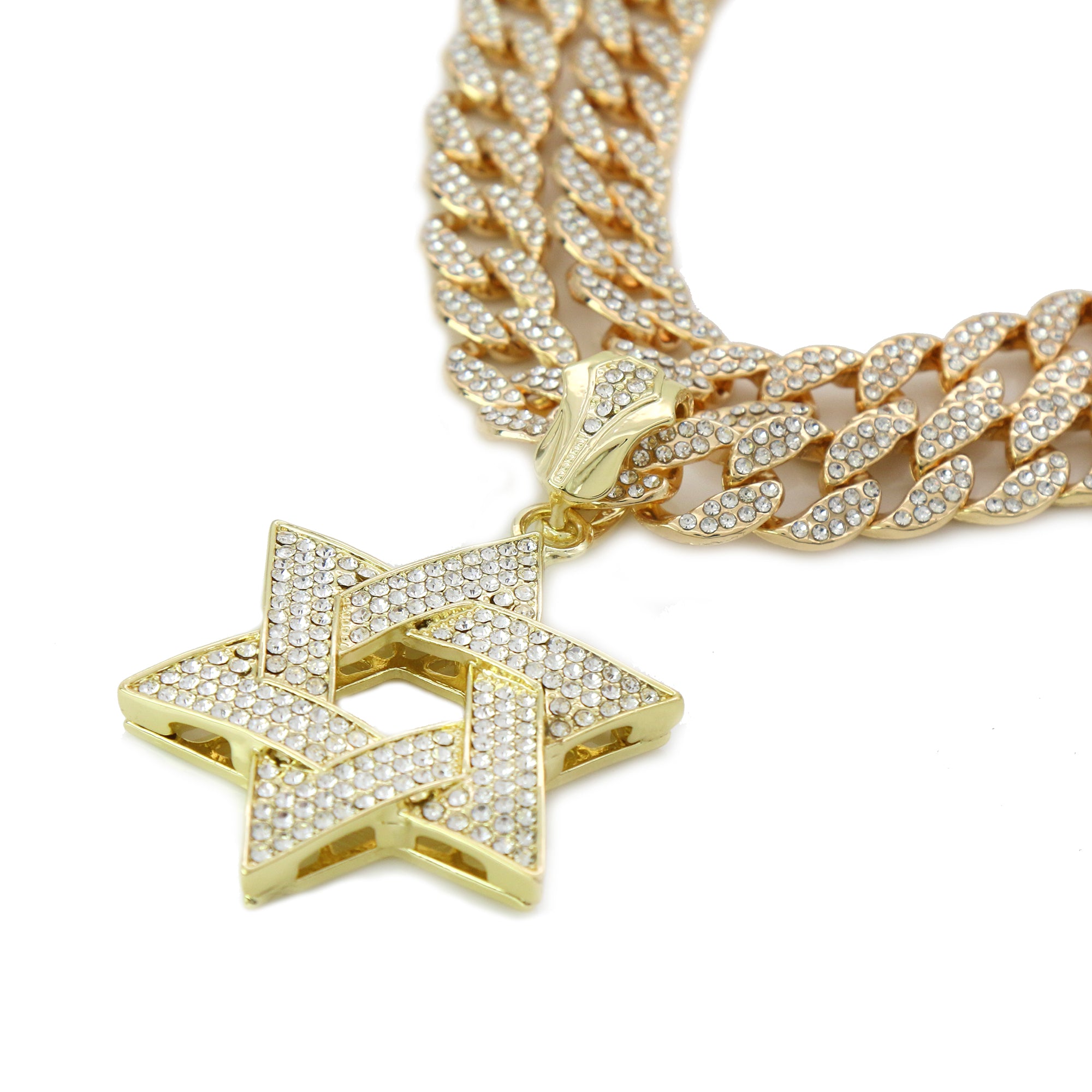 3pc Cz Large Star of David Pendant Gold Plated 18, 20" Fully Cz Cuban Choker Chain
