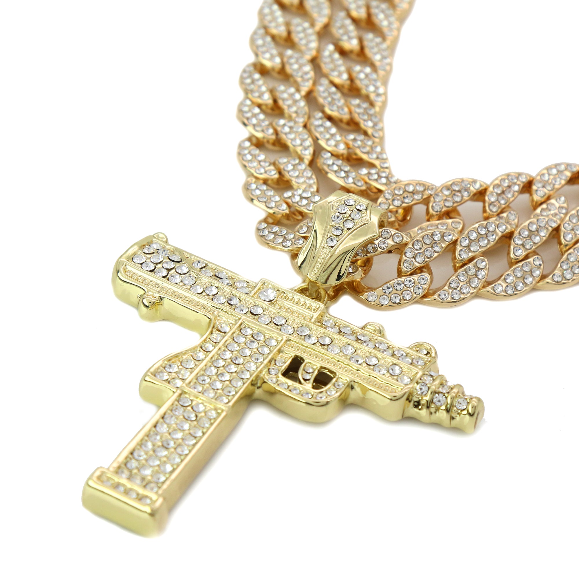 3pc Cz Large Uzi Gun Pendant Gold Plated 18, 20" Fully Cz Cuban Choker Chain