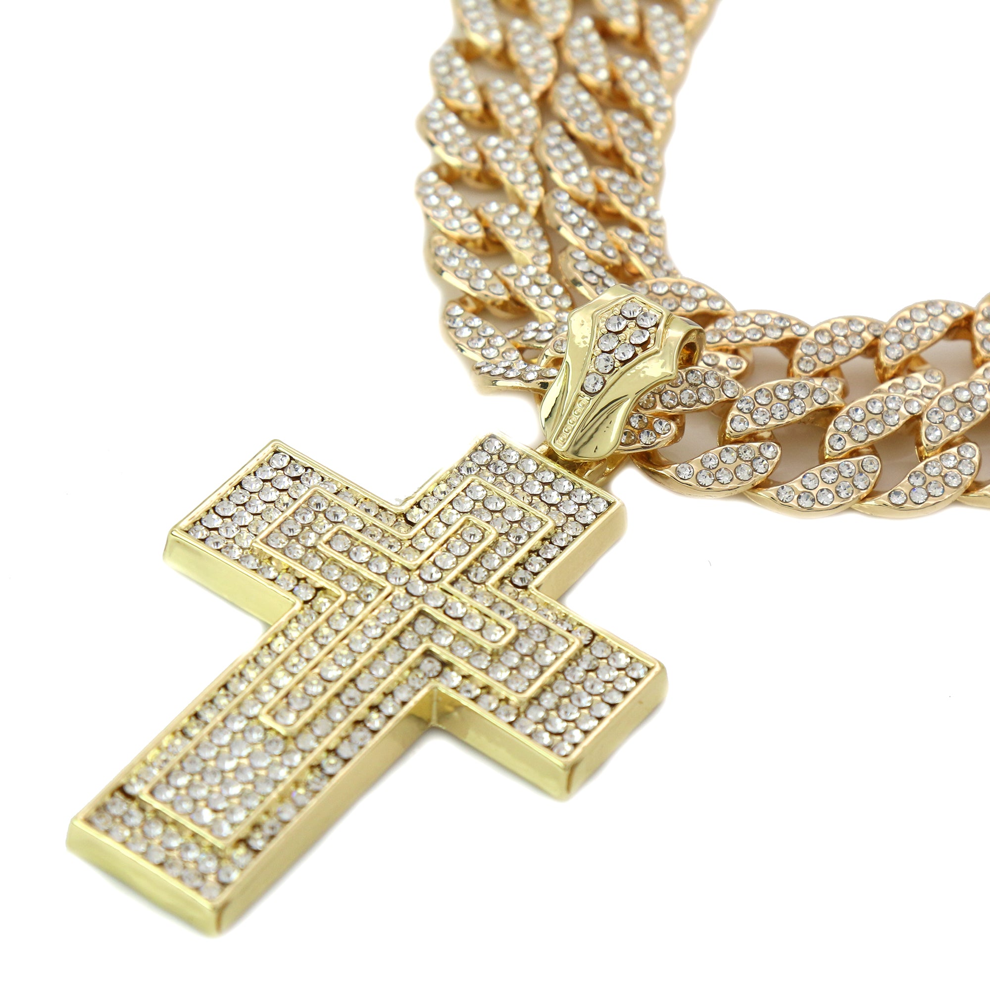 3pc Cz Large 3 Layer Cross Pendant Gold Plated 18, 20" Fully Cz Cuban Choker Chain