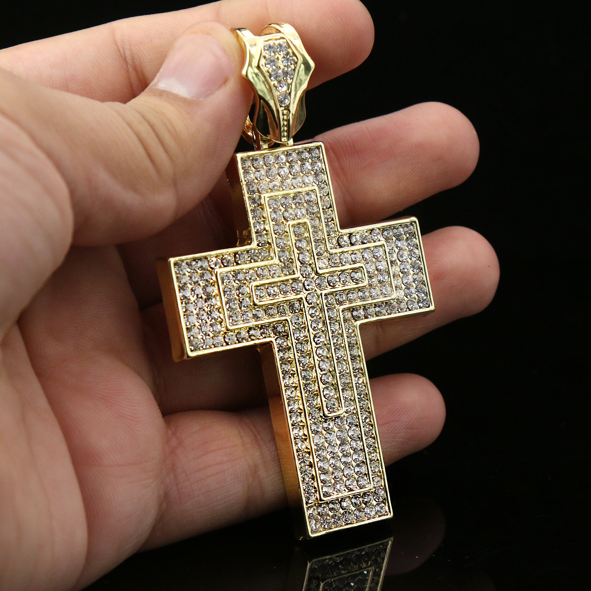 3pc Cz Large 3 Layer Cross Pendant Gold Plated 18, 20" Fully Cz Cuban Choker Chain