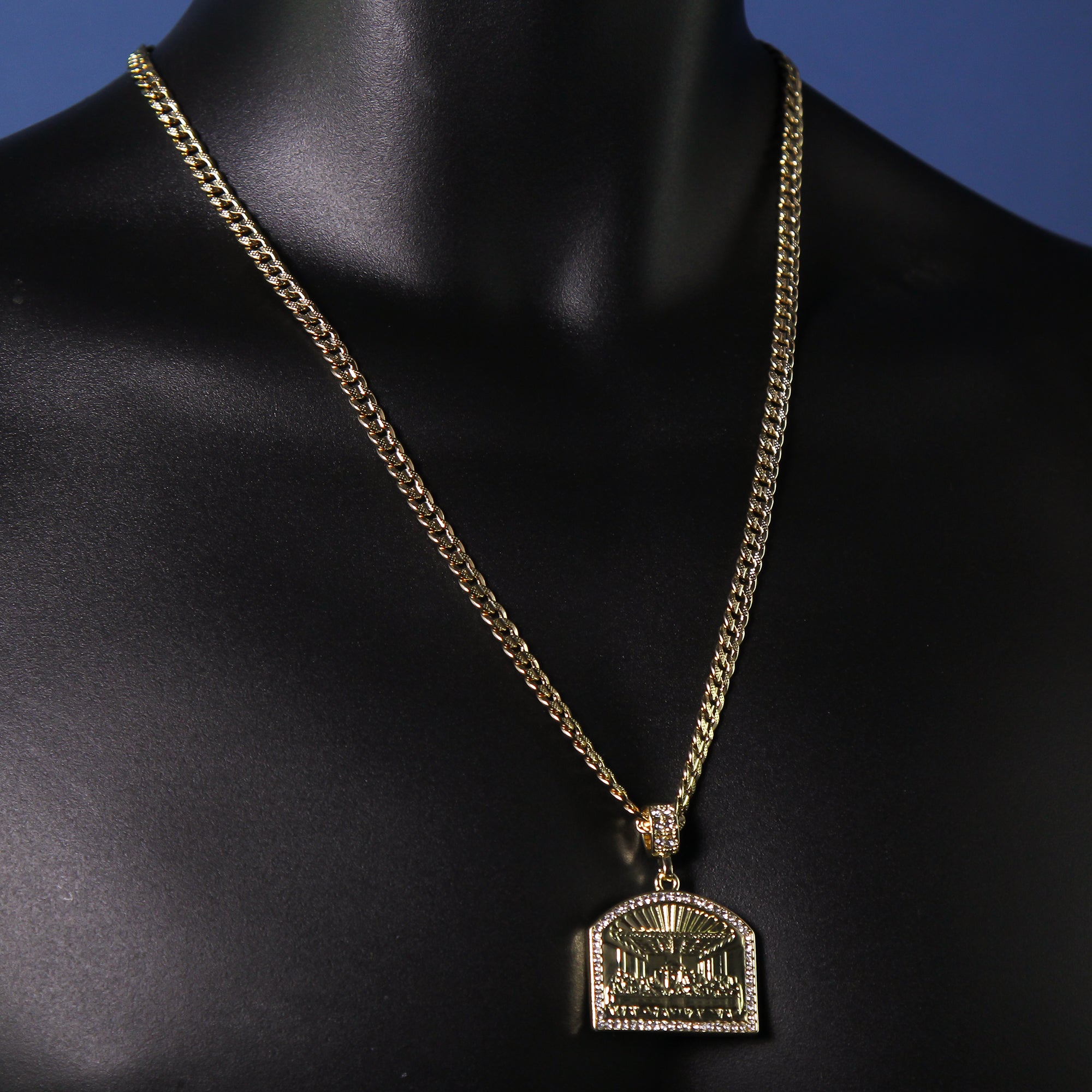 Men's 14k Gold Plated Religious Last Supper Pendant 6mm 24" Frost Cuban Chain Necklace