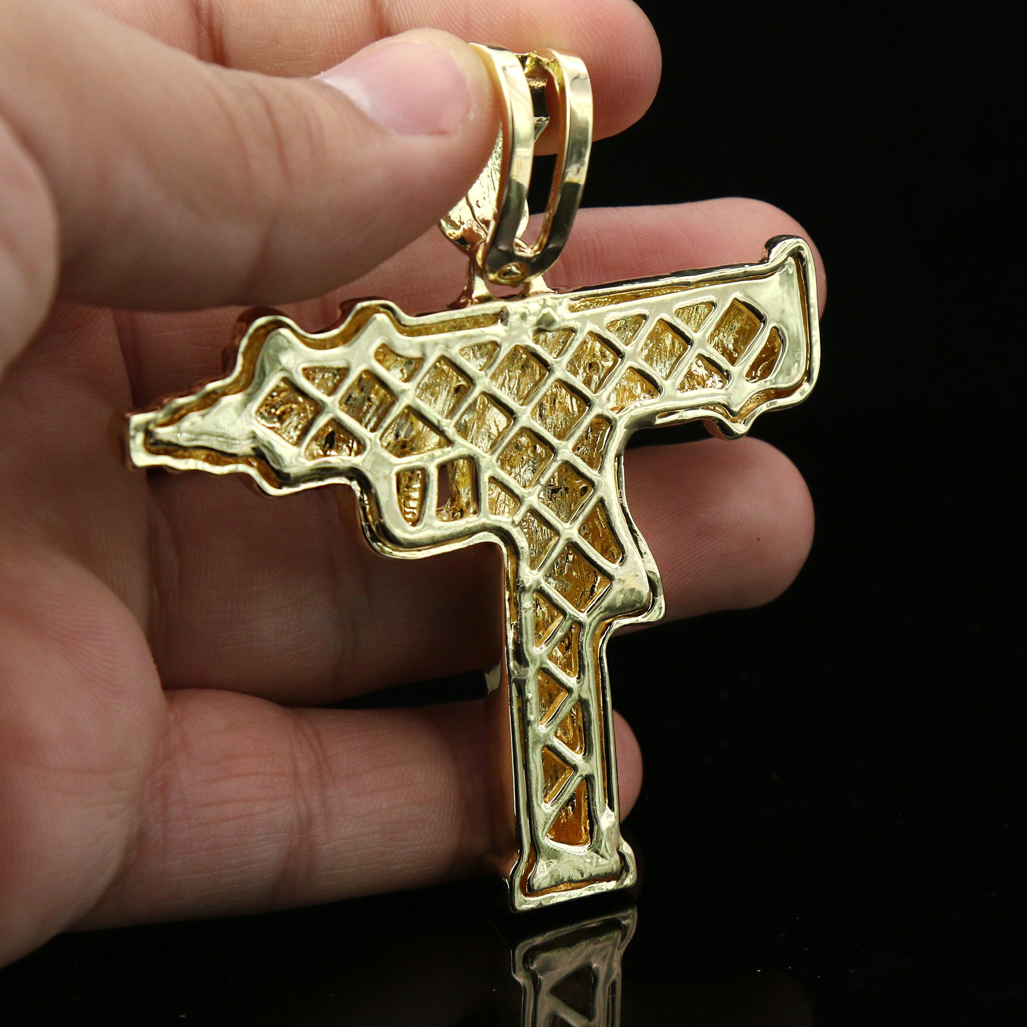 3pc Cz Large Uzi Gun Pendant Gold Plated 18, 20" Fully Cz Cuban Choker Chain
