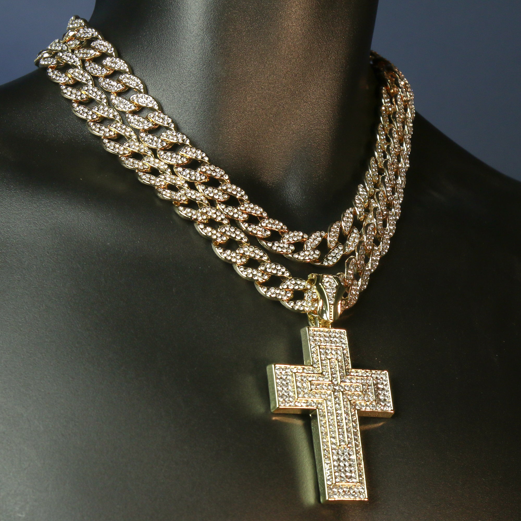 3pc Cz Large 3 Layer Cross Pendant Gold Plated 18, 20" Fully Cz Cuban Choker Chain