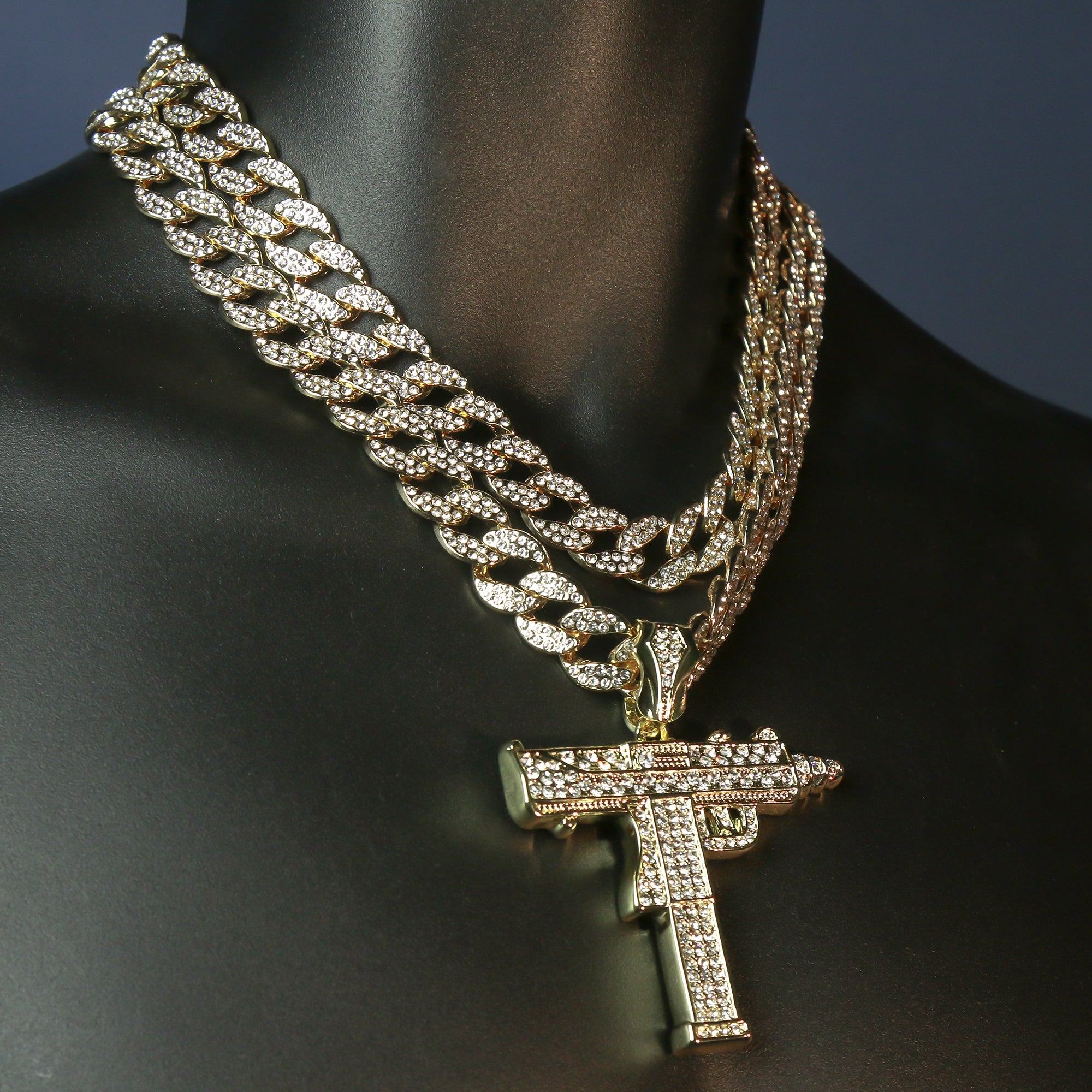 3pc Cz Large Uzi Gun Pendant Gold Plated 18, 20" Fully Cz Cuban Choker Chain