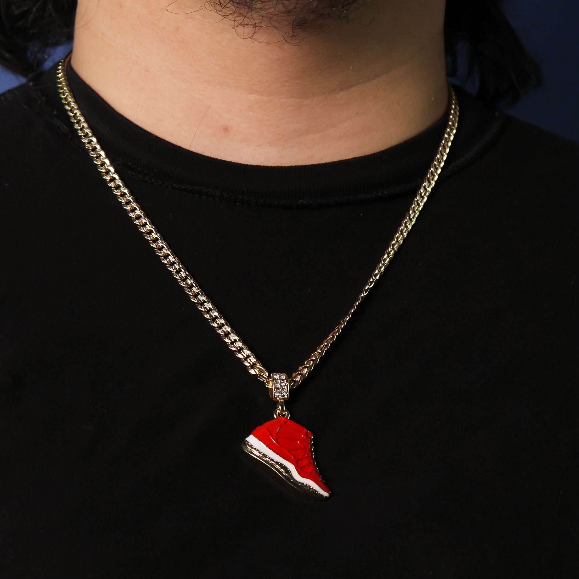 Men's 14k Gold Plated Retro Gym Red Pendant 6mm 24" Frost Cuban Chain Necklace