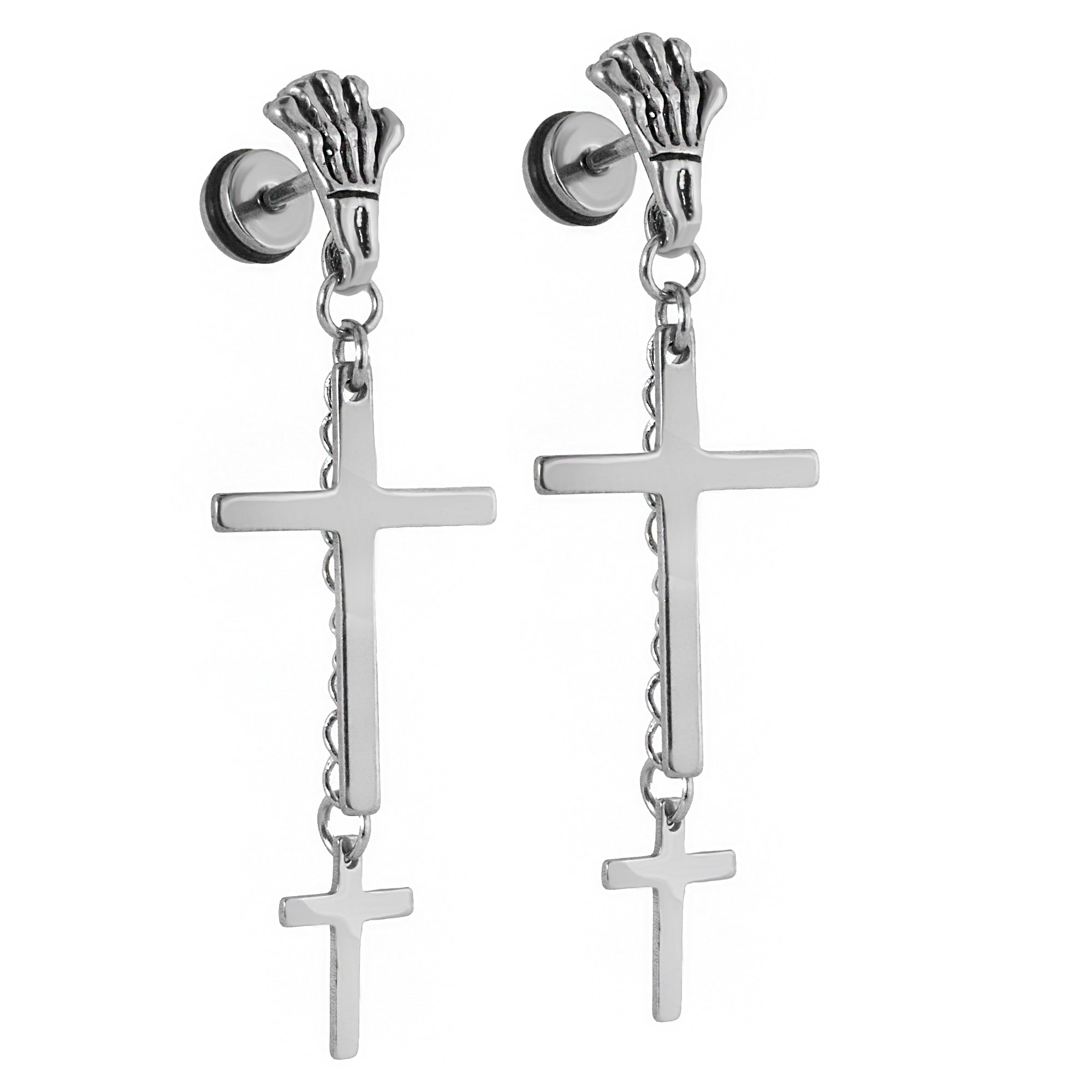 2 Cross Dangle Skeleton Hand White Gold SST Plain Earring
