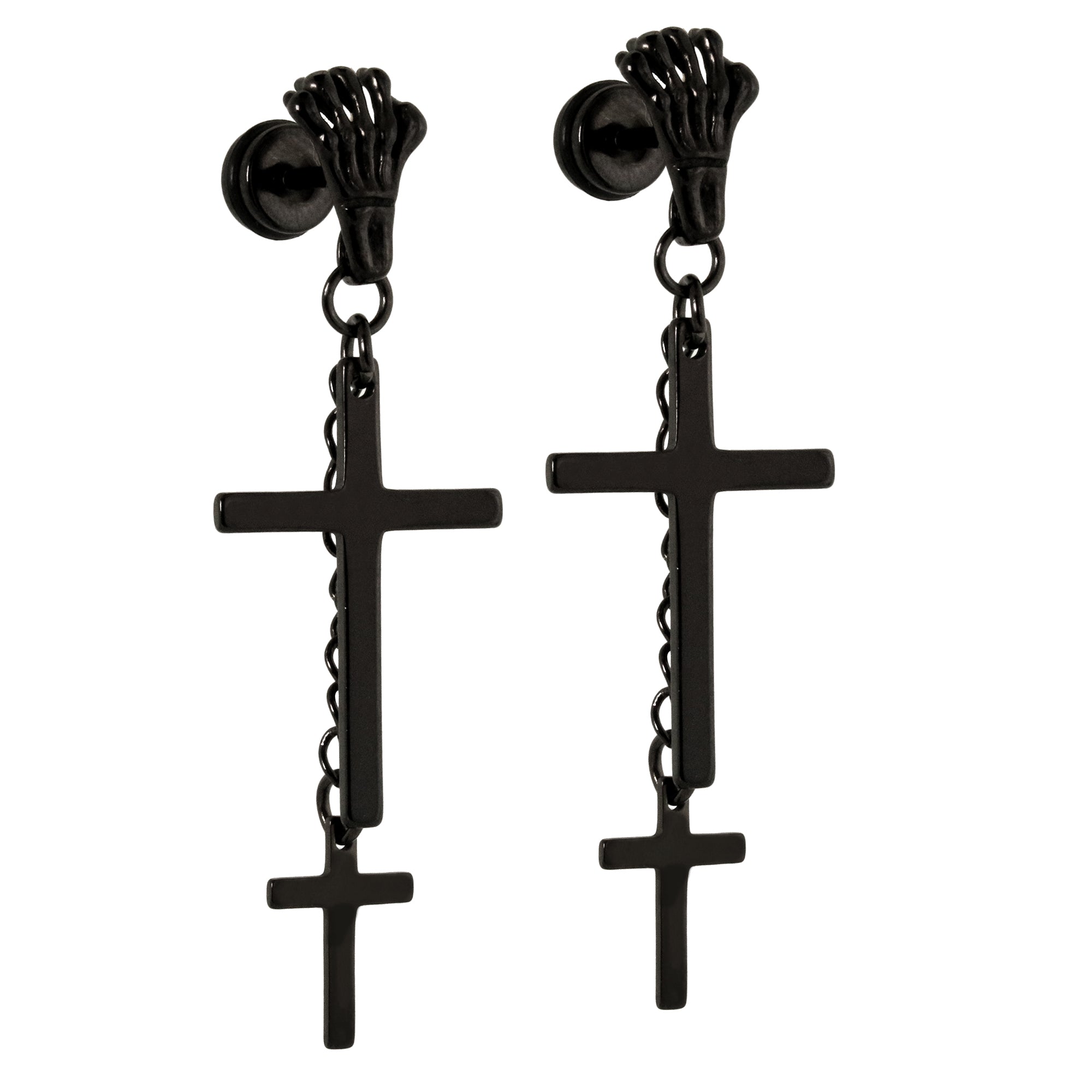2 Cross Dangle Skeleton Hand Black SST Plain Earring