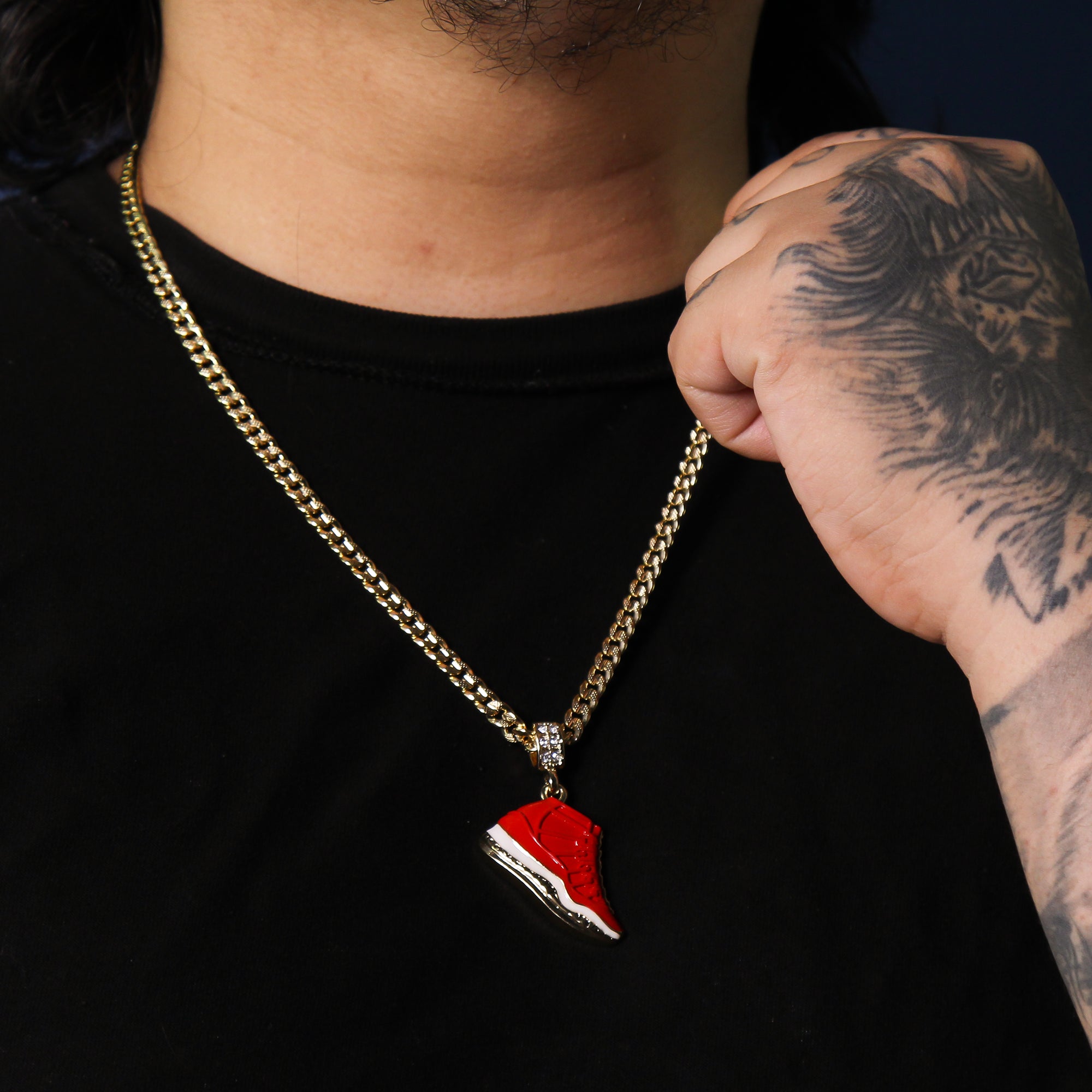 Men's 14k Gold Plated Retro Gym Red Pendant 6mm 24" Frost Cuban Chain Necklace