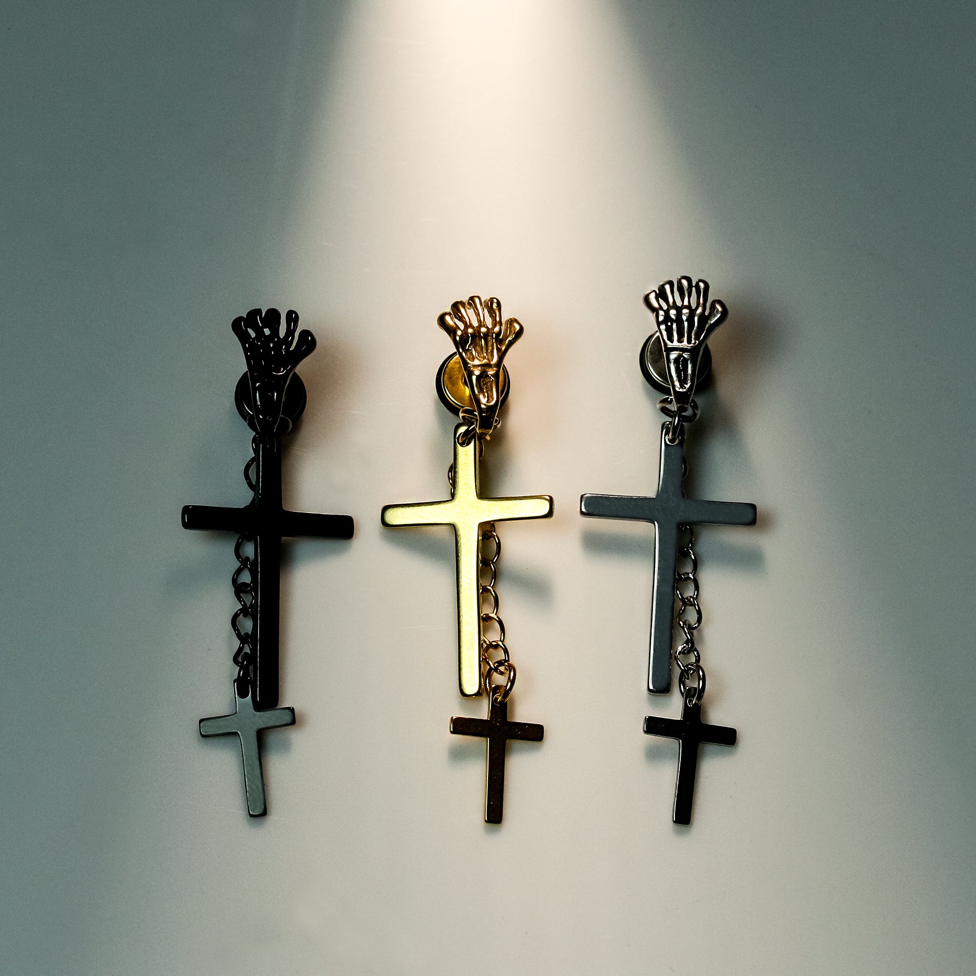 2 Cross Dangle Skeleton Hand White Gold SST Plain Earring