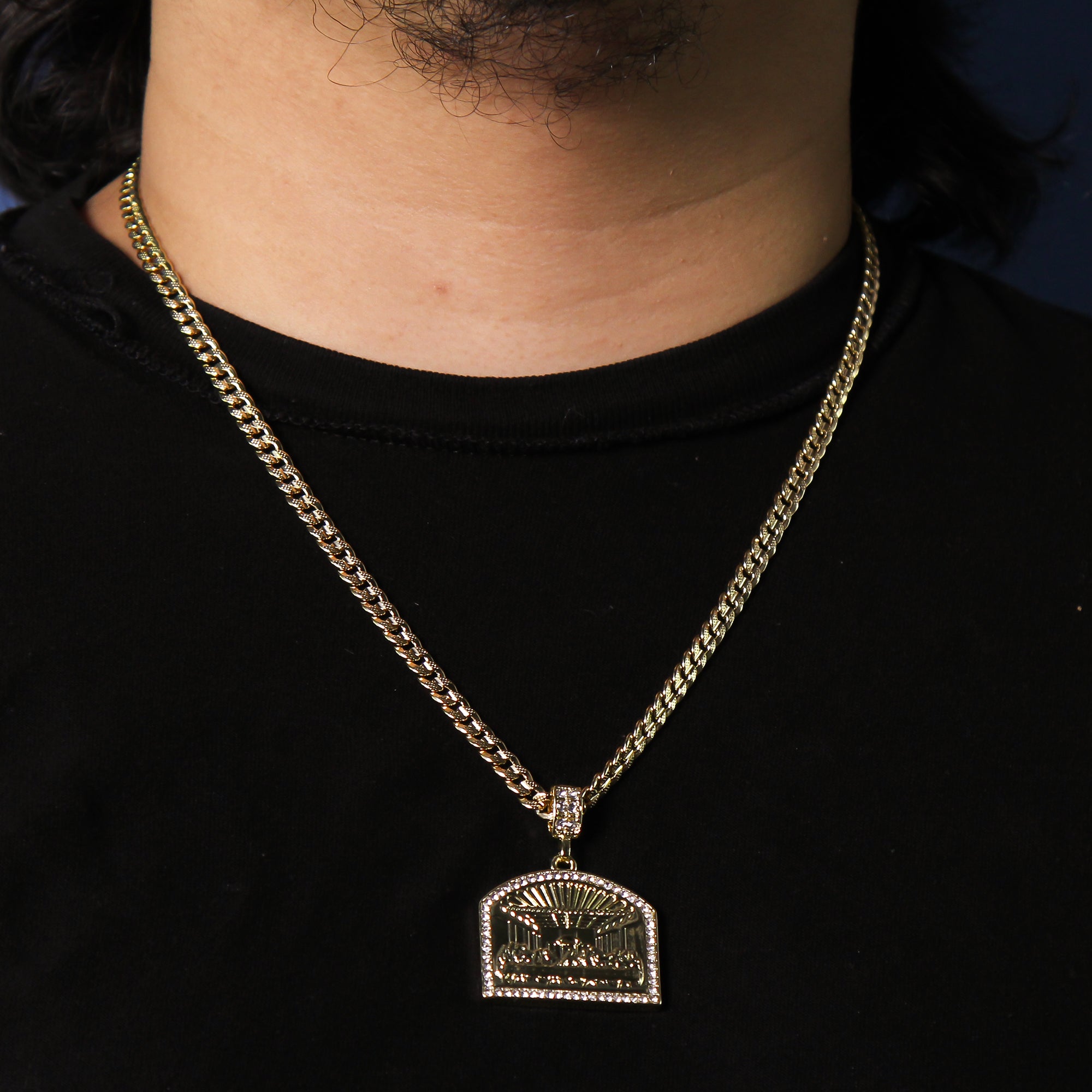 Men's 14k Gold Plated Religious Last Supper Pendant 6mm 24" Frost Cuban Chain Necklace