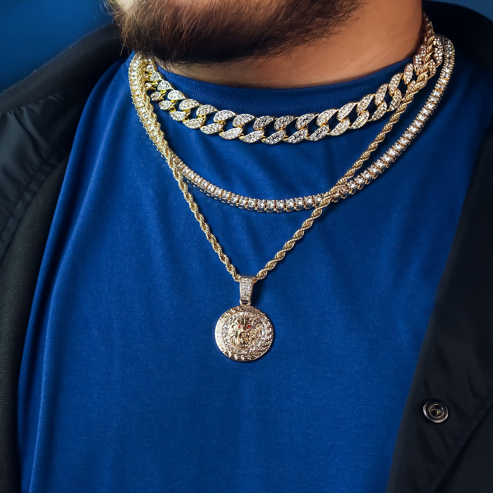 Lion Medallion 4 Pcs Set Clear Cz Cuban, Tennis & Rope Chain Bundle Gold PT