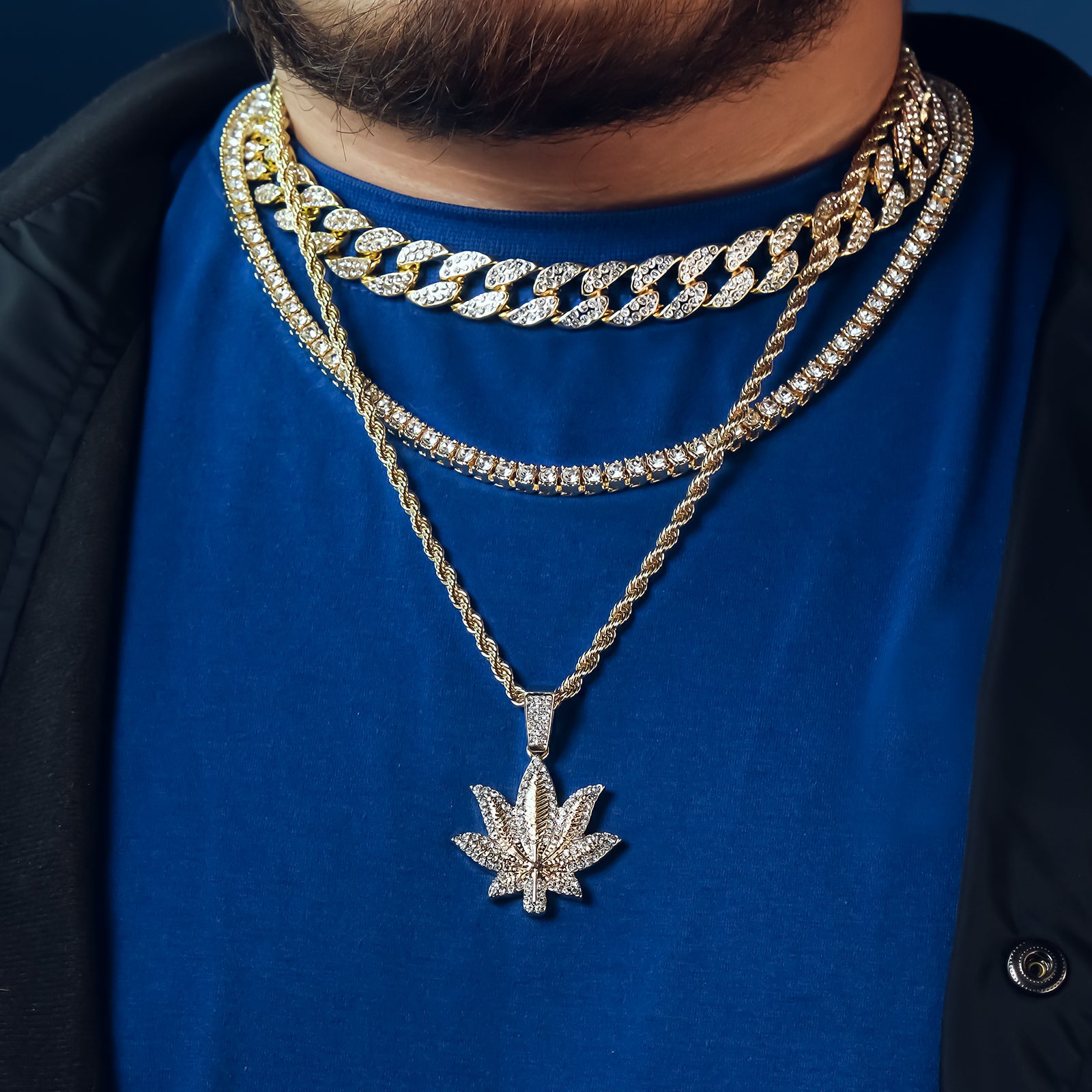 Marijuana 4 Pcs Set Clear Cz Cuban, Tennis & Rope Chain Bundle Gold PT