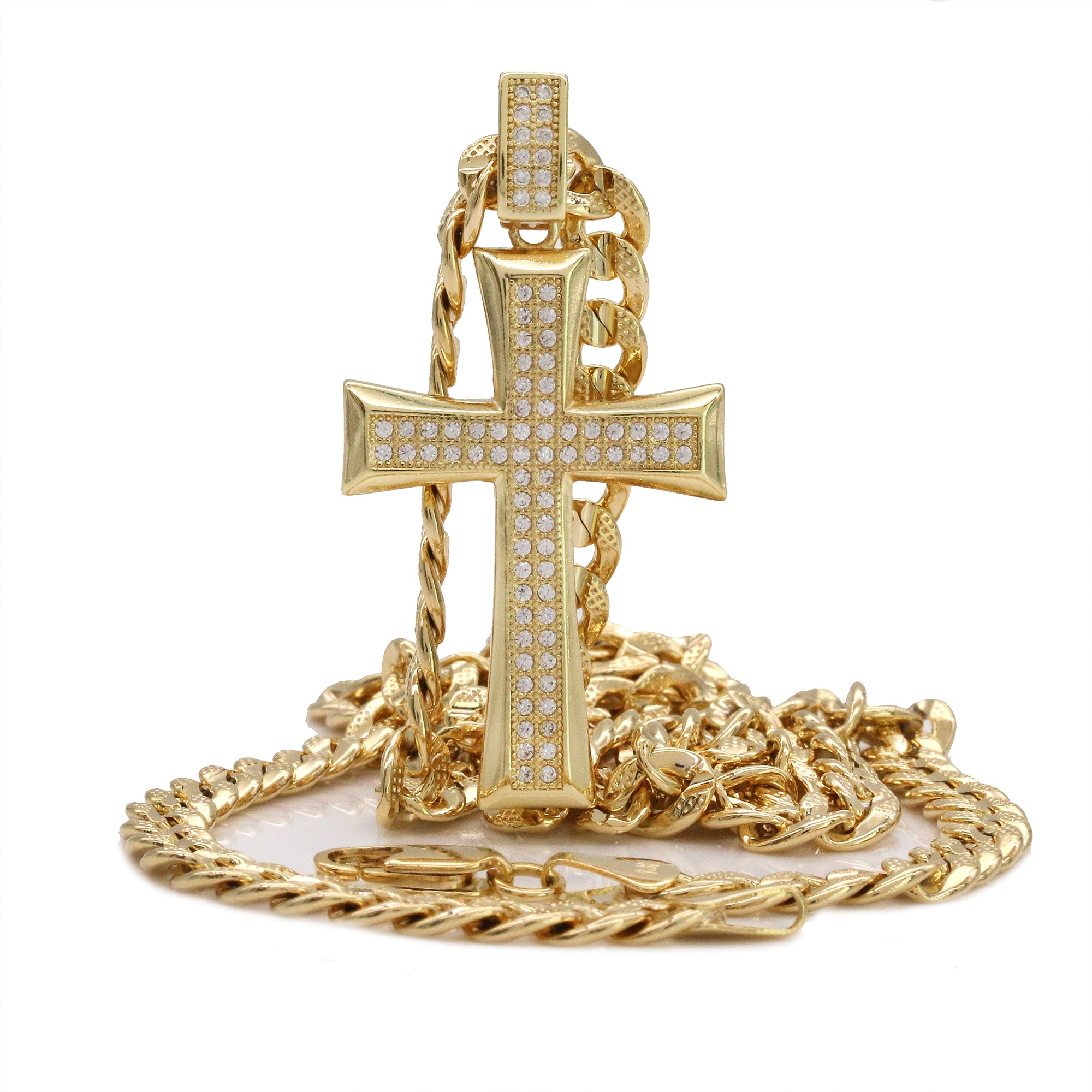 14k Gold Plated 2Line Fully Cz Cross Pendant 6mm 24" Frost Cuban Chain Necklace