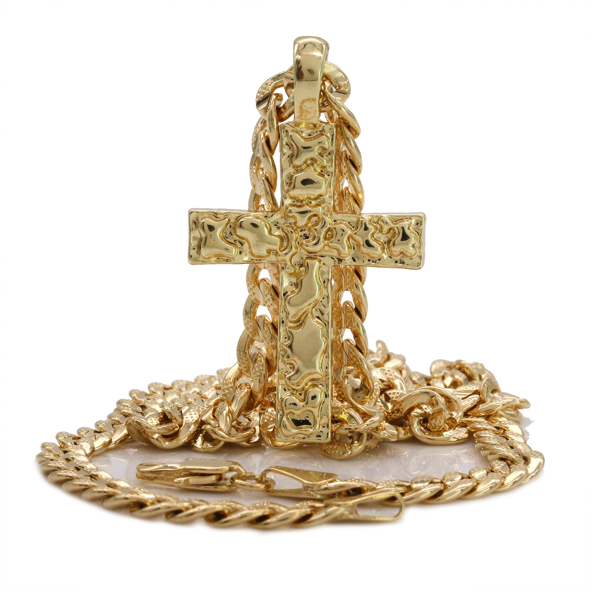 14k Gold Plated Nugget Cross Pendant 6mm 24" Frost Cuban Chain Necklace