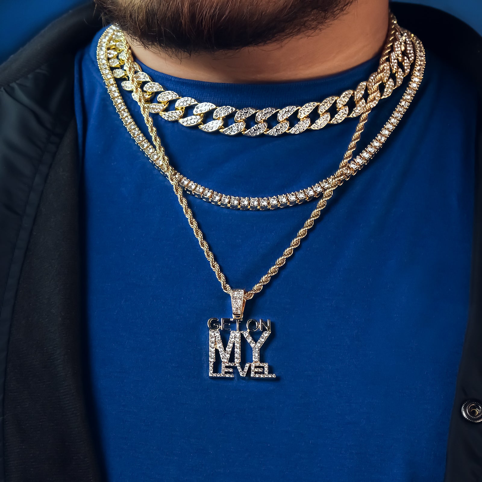 Get On My Level 4 Pcs Set Clear Cz Cuban, Tennis & Rope Chain Bundle Gold PT