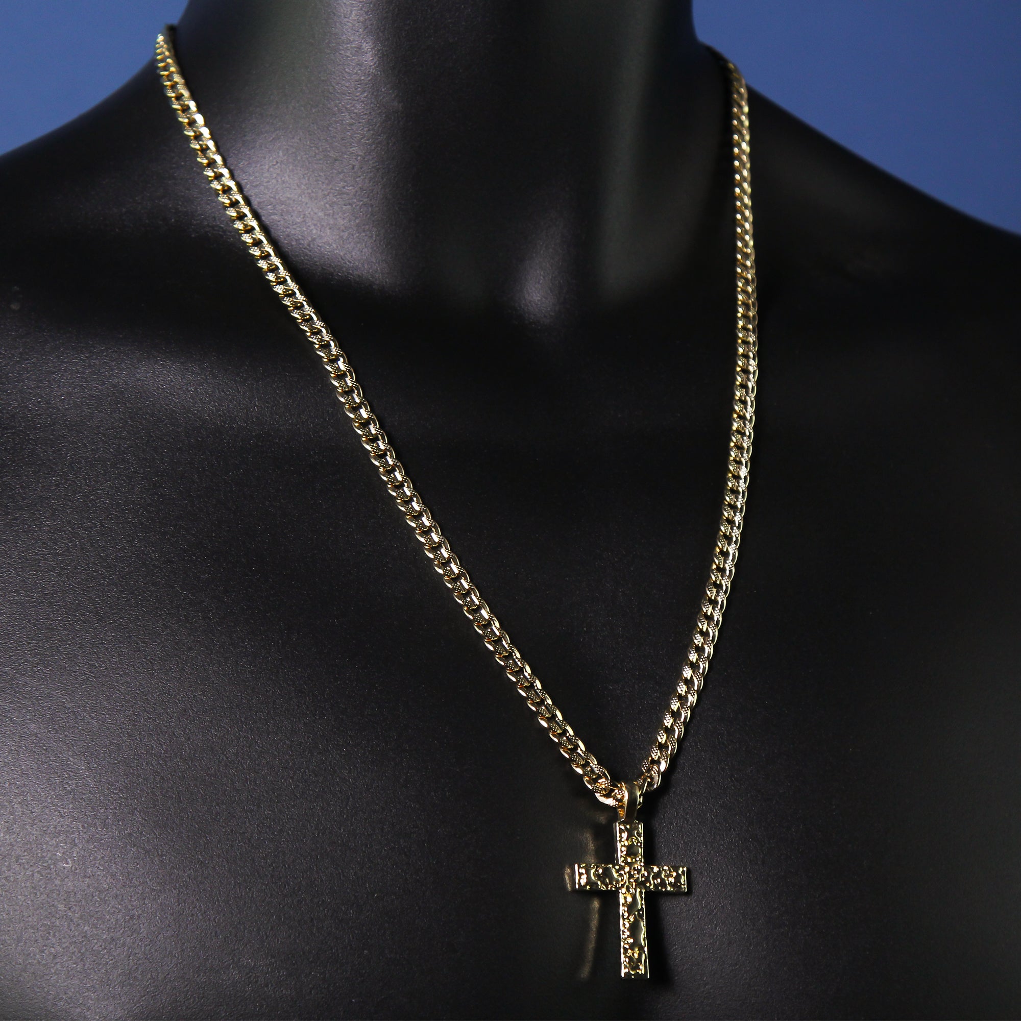 14k Gold Plated Nugget Cross Pendant 6mm 24" Frost Cuban Chain Necklace
