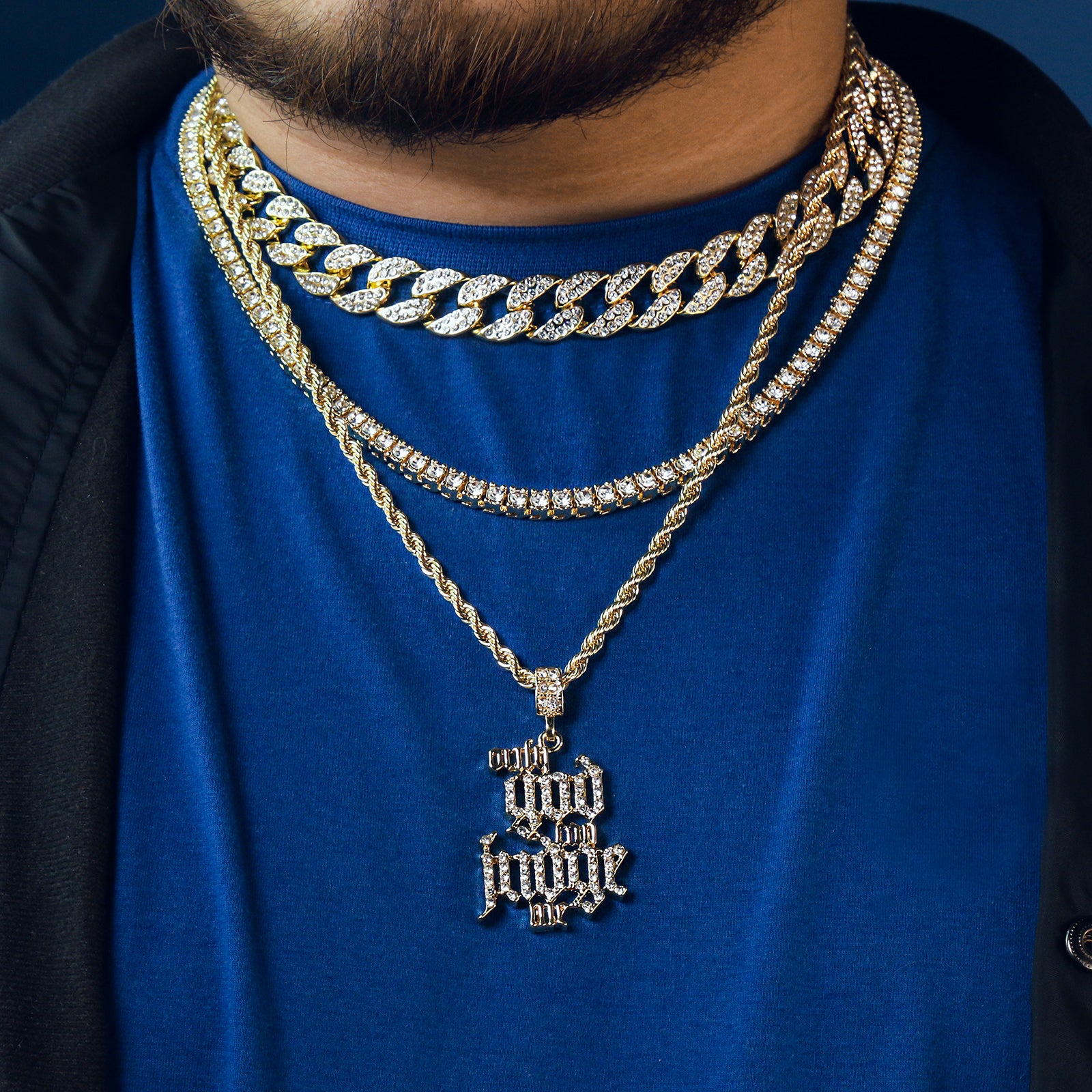Only God Can Judge Me 4 Pcs Set Clear Cz Cuban, Tennis & Rope Chain Bundle Gold PT