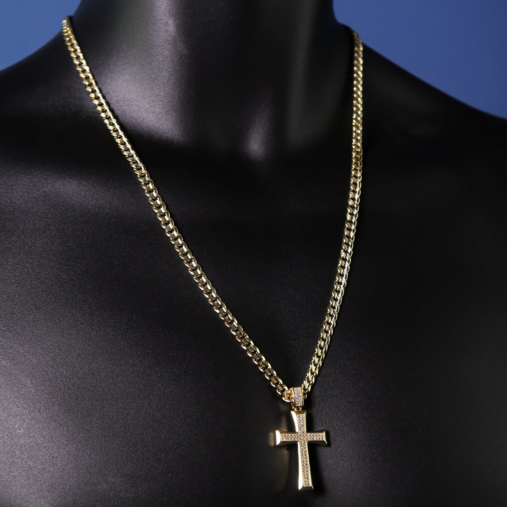14k Gold Plated 2Line Fully Cz Cross Pendant 6mm 24" Frost Cuban Chain Necklace