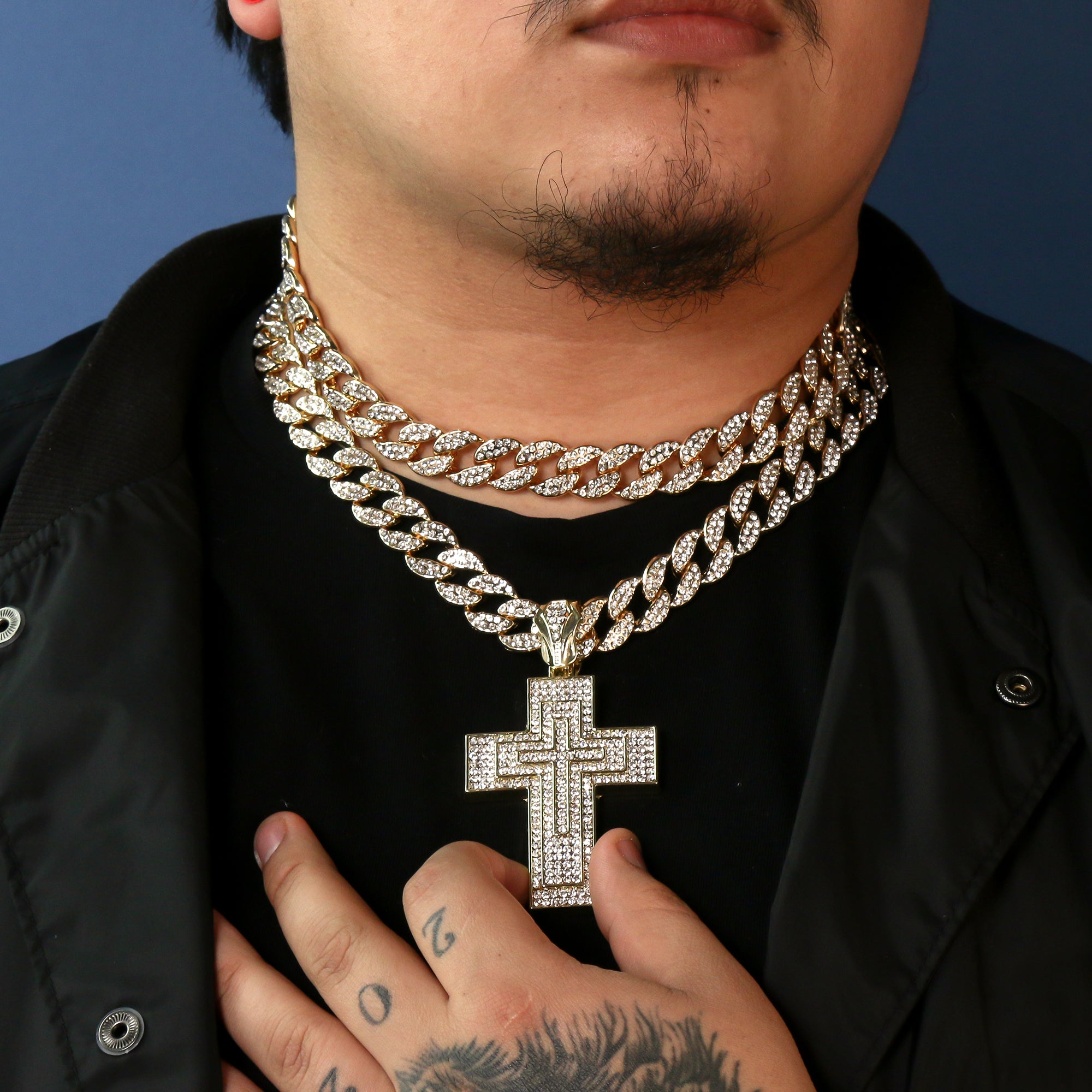 3pc Cz Large 3 Layer Cross Pendant Gold Plated 18, 20" Fully Cz Cuban Choker Chain