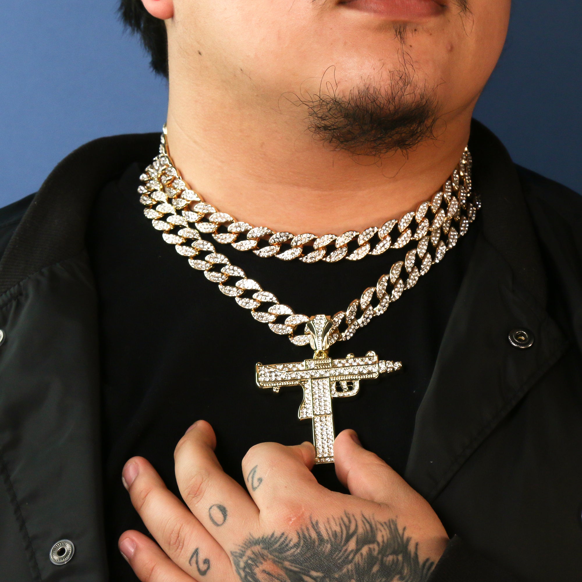 3pc Cz Large Uzi Gun Pendant Gold Plated 18, 20" Fully Cz Cuban Choker Chain