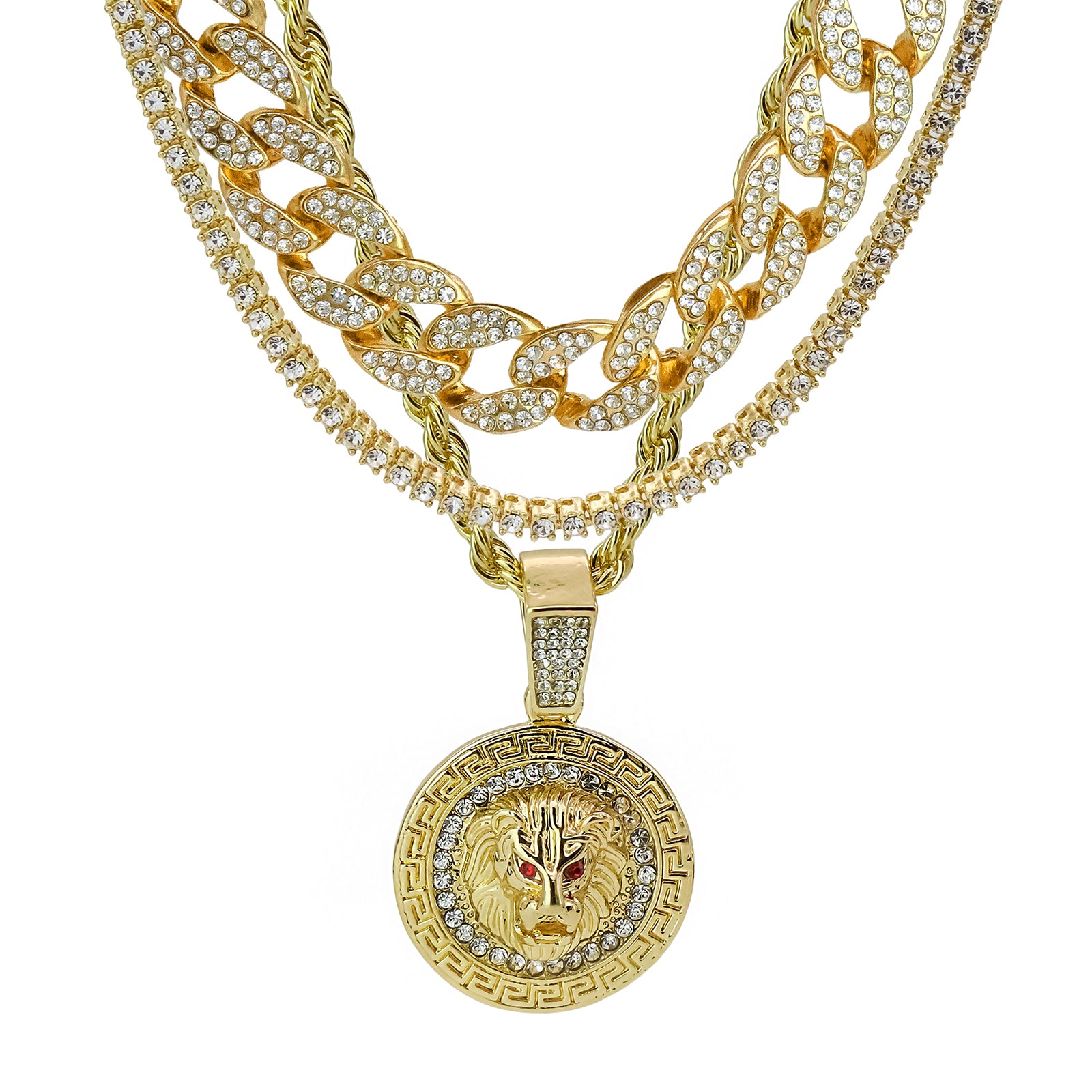 Lion Medallion 4 Pcs Set Clear Cz Cuban, Tennis & Rope Chain Bundle Gold PT