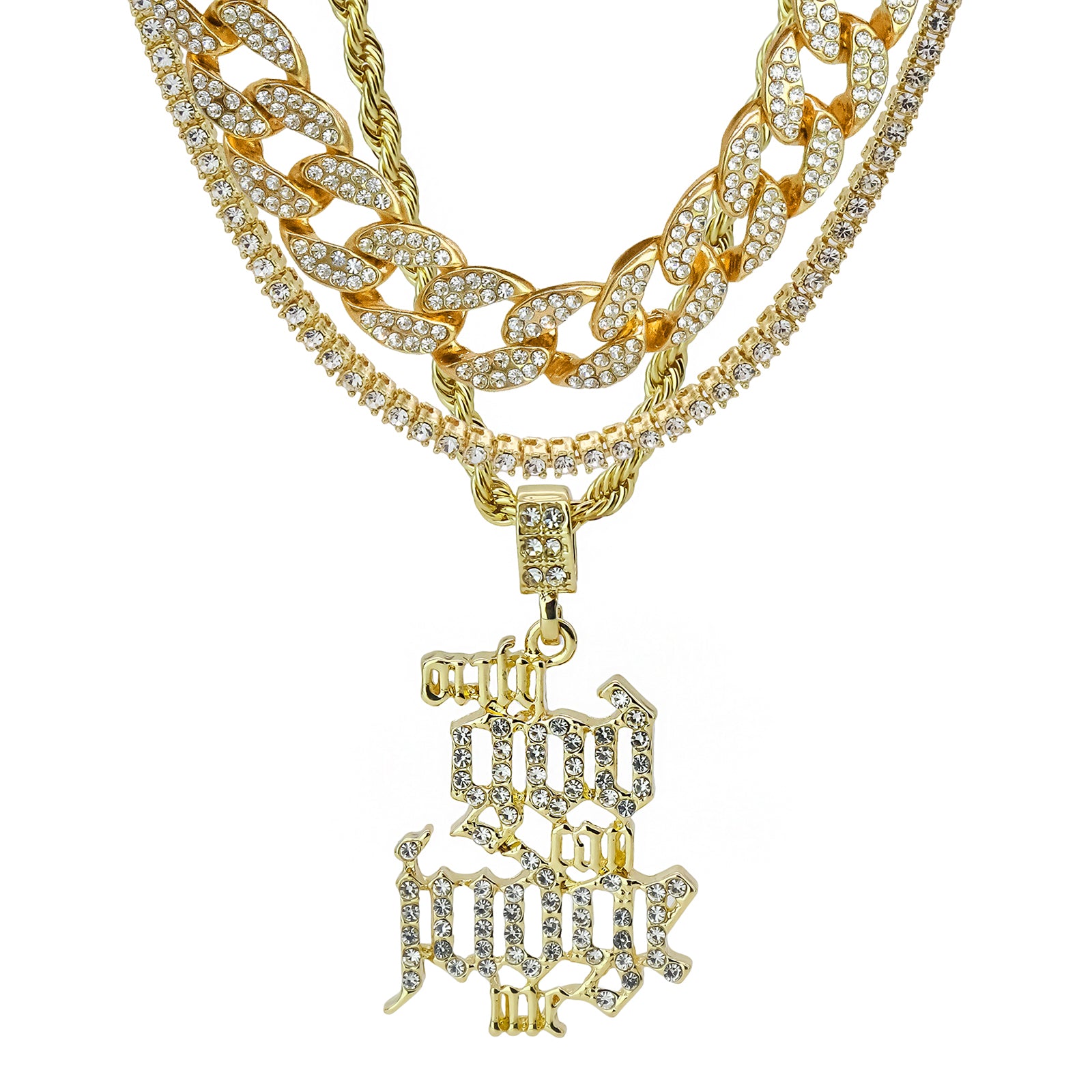 Only God Can Judge Me 4 Pcs Set Clear Cz Cuban, Tennis & Rope Chain Bundle Gold PT
