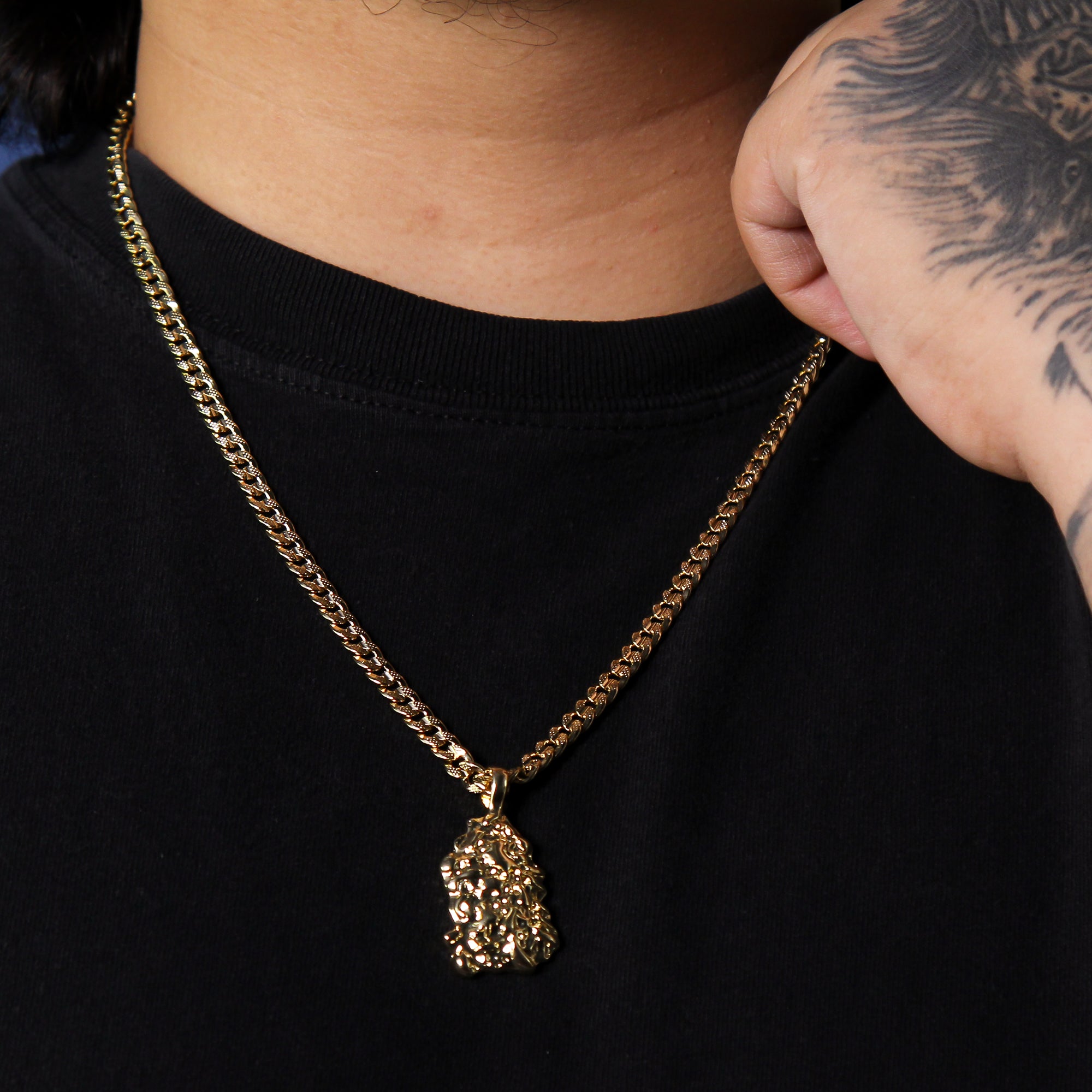 14k Gold Plated Nugget Pendant 6mm 24" Frost Cuban Chain Necklace