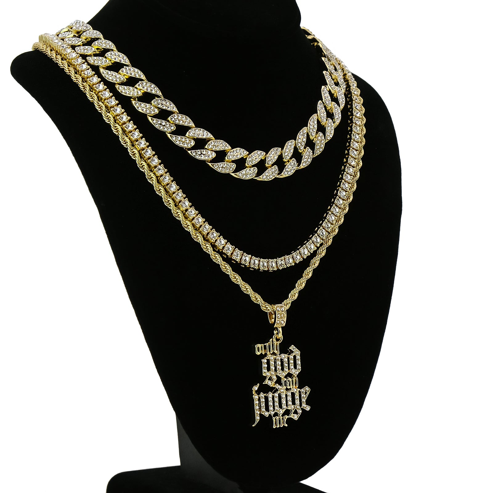 Only God Can Judge Me 4 Pcs Set Clear Cz Cuban, Tennis & Rope Chain Bundle Gold PT