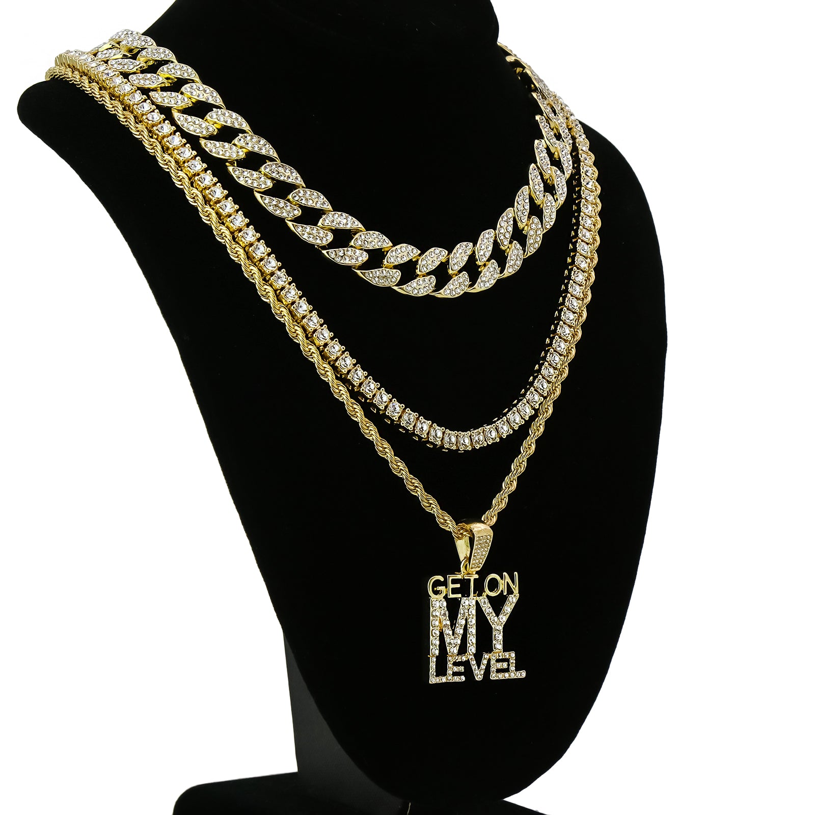 Get On My Level 4 Pcs Set Clear Cz Cuban, Tennis & Rope Chain Bundle Gold PT