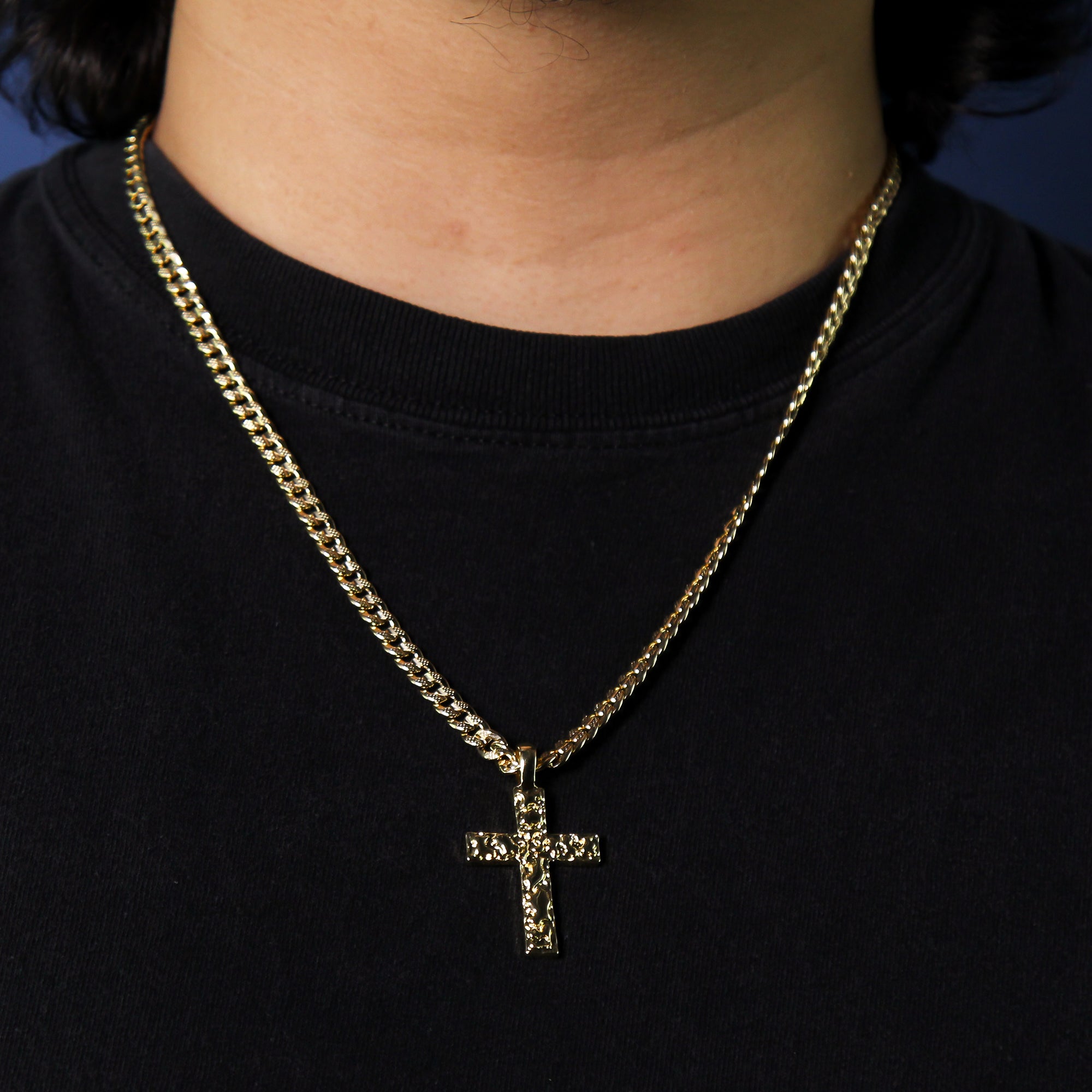 14k Gold Plated Nugget Cross Pendant 6mm 24" Frost Cuban Chain Necklace