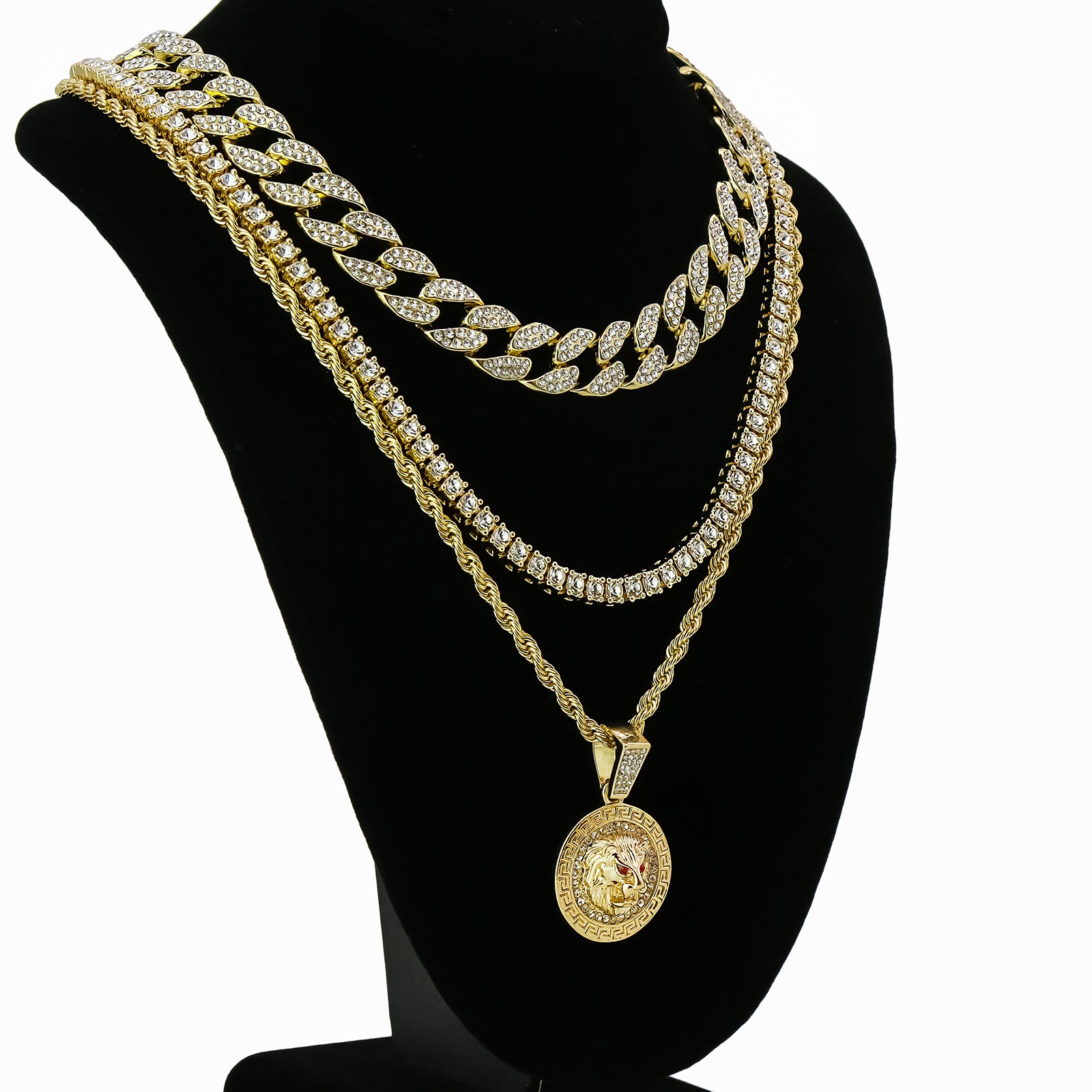 Lion Medallion 4 Pcs Set Clear Cz Cuban, Tennis & Rope Chain Bundle Gold PT