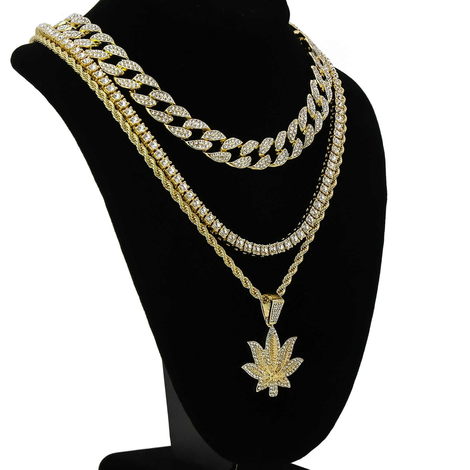 Marijuana 4 Pcs Set Clear Cz Cuban, Tennis & Rope Chain Bundle Gold PT