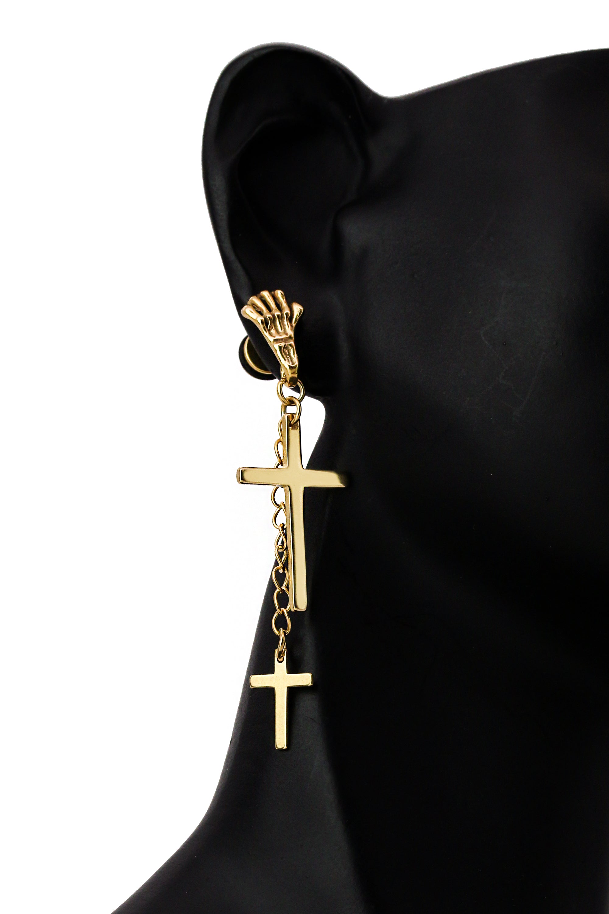 2 Cross Dangle Skeleton Hand 18k Gold SST Plain Earring