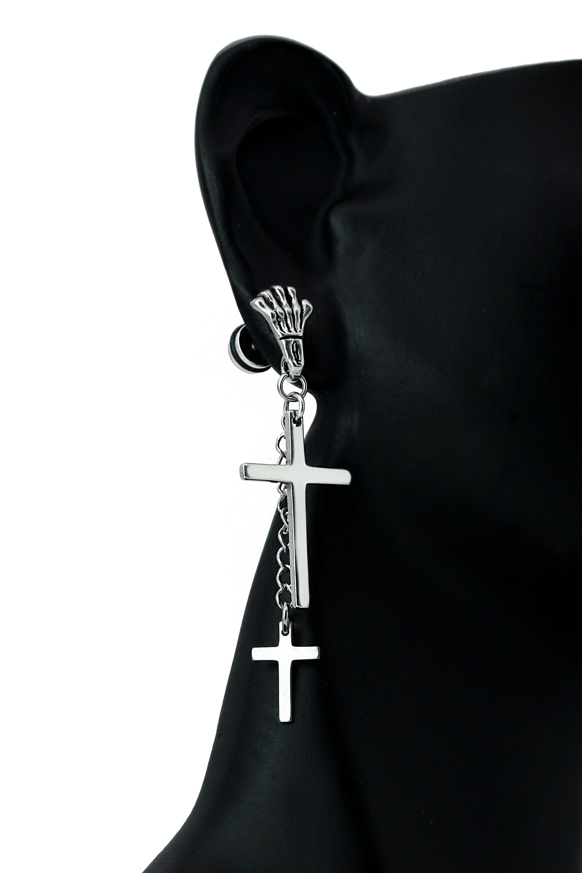 2 Cross Dangle Skeleton Hand White Gold SST Plain Earring