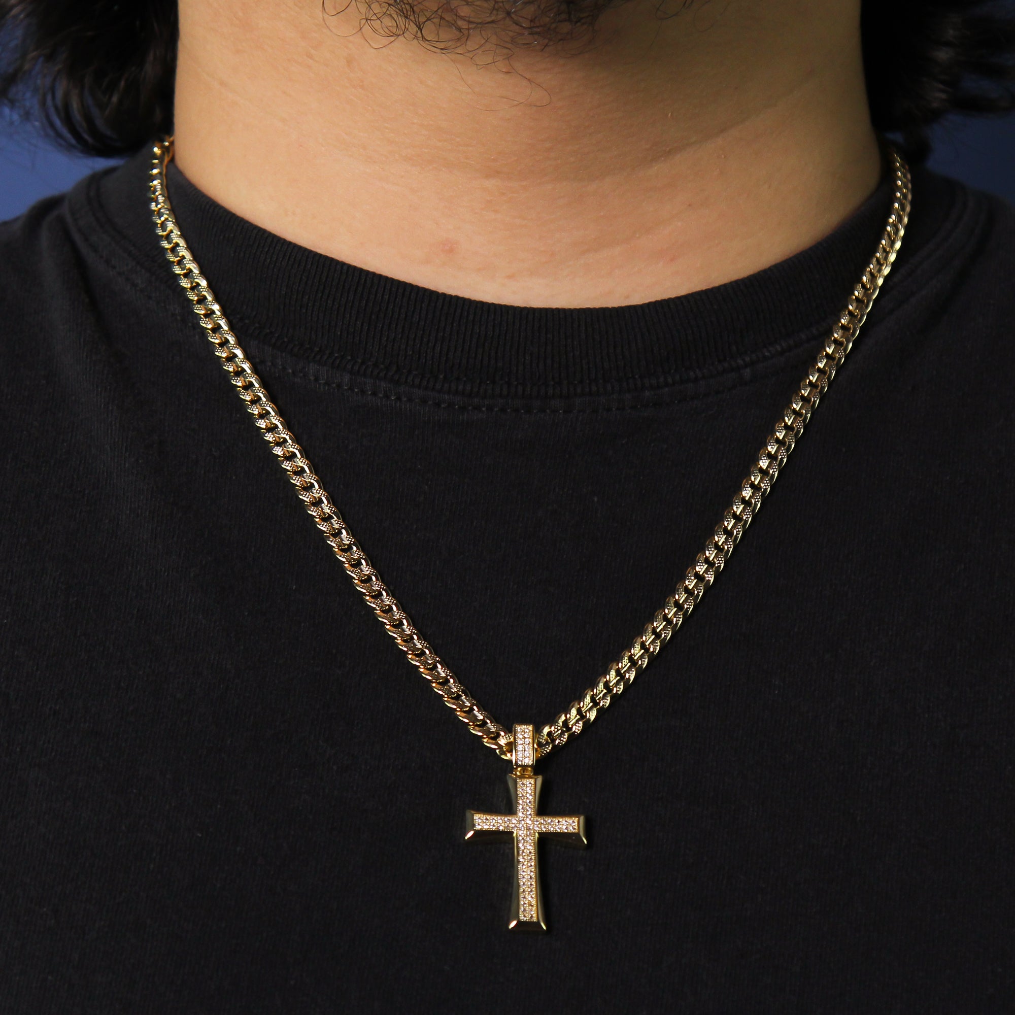 14k Gold Plated 2Line Fully Cz Cross Pendant 6mm 24" Frost Cuban Chain Necklace