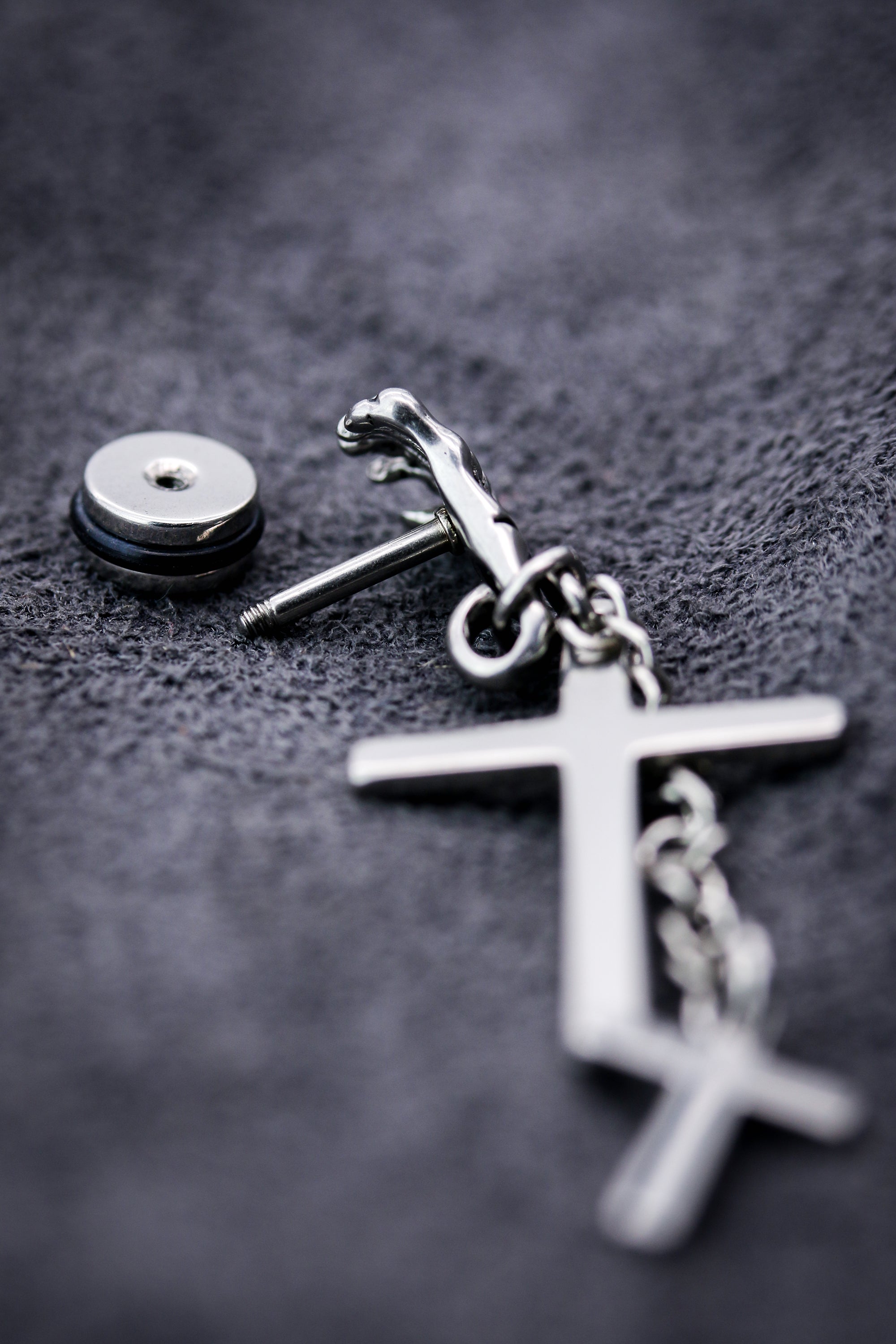 2 Cross Dangle Skeleton Hand White Gold SST Plain Earring