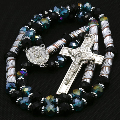 8MM Black/Aqua Crystal Rosary Jesus Medal & SanBenito Cross